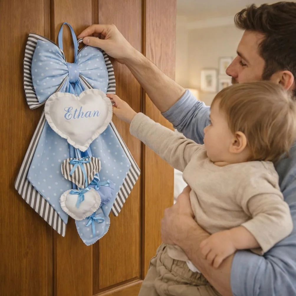 Fiocco Nascita personalizzato con nome sul cuore 52 x 35 cm Pois-rosa