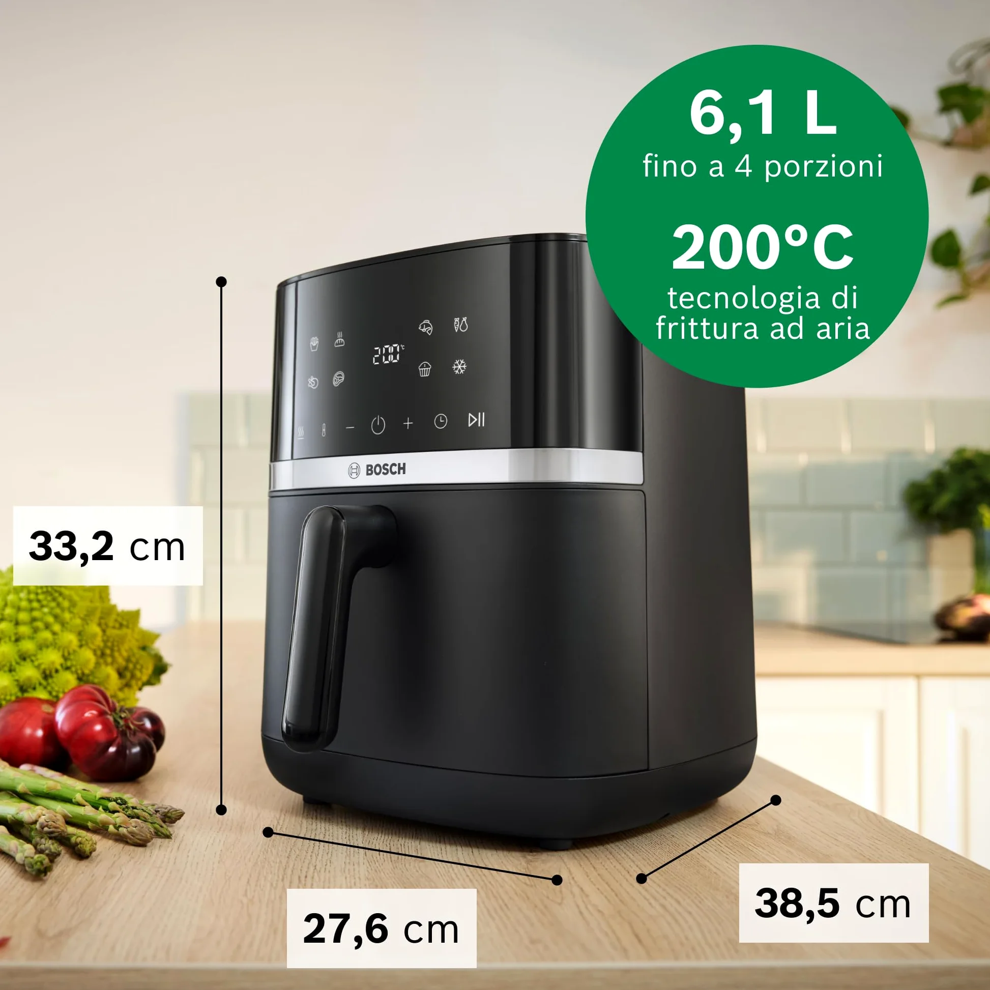 Bosch Serie 4 Friggitrice ad Aria MAF462B0, Air Fryer 6,1 L, 7 Programmi, Doppia Resistenza, Funzioni Defrost e Mantenimento in Caldo, Touchscreen, Cottura fino al 60%* Più Veloce, Nero