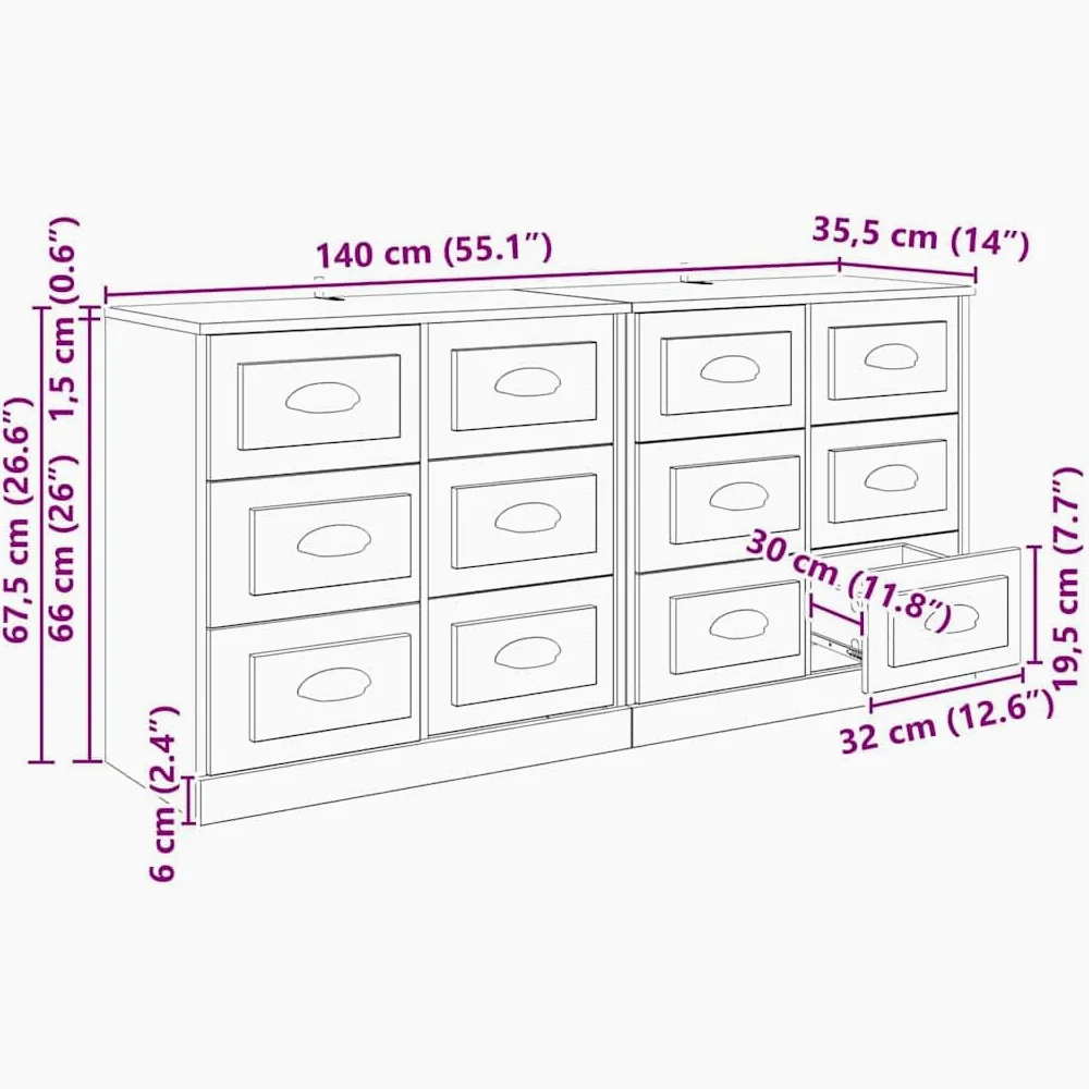 Set di 2 credenze in rovere Artisan, 70 x 35,5 x 67,5 cm, con cassetto, moderno, per soggiorno, spazio e ordine in sala da pranzo, corridoio, camera da letto