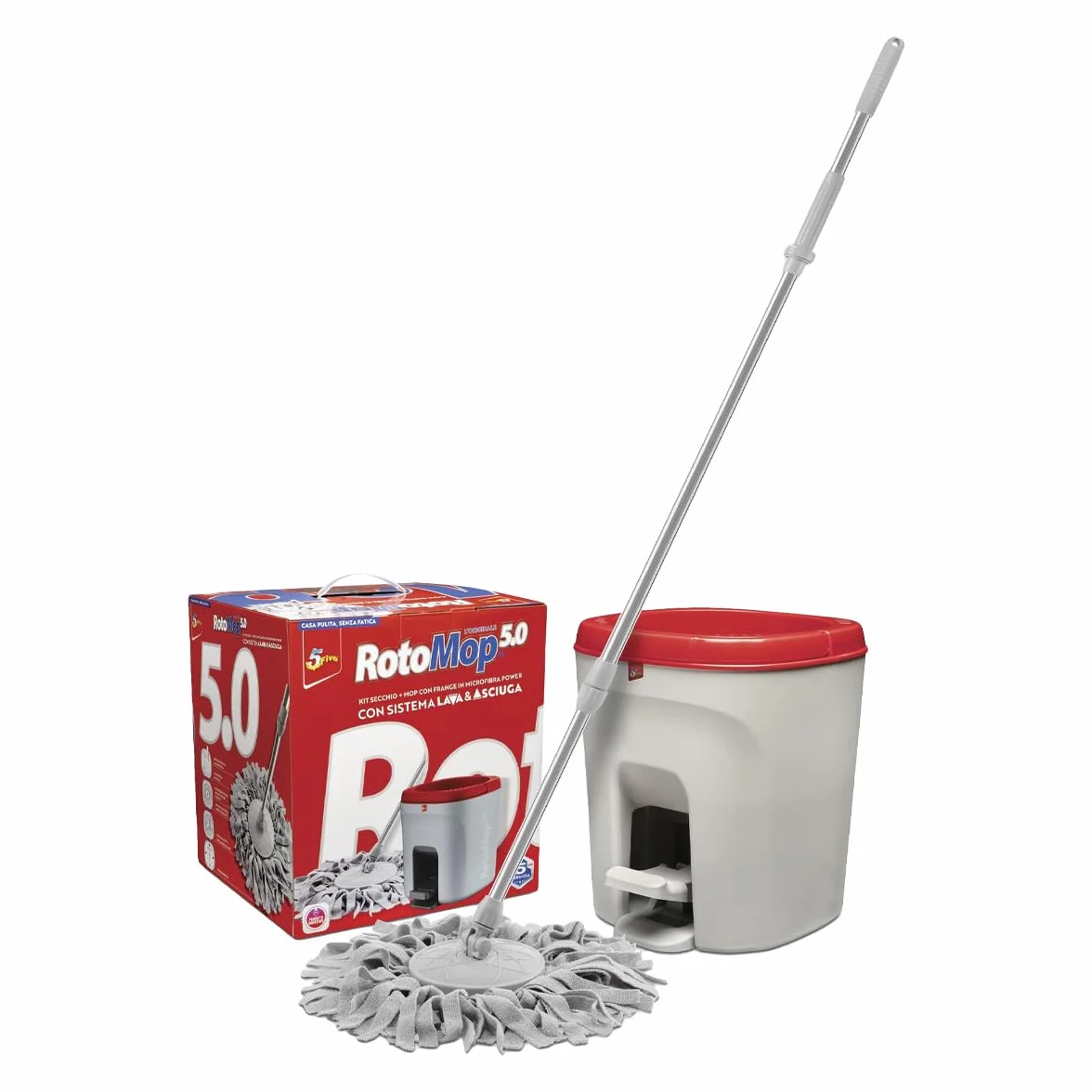 ROTOMOP 5.0 Kit Secchio + Mop con Frange in Microfibra Power con Sistema Lava & Asciuga