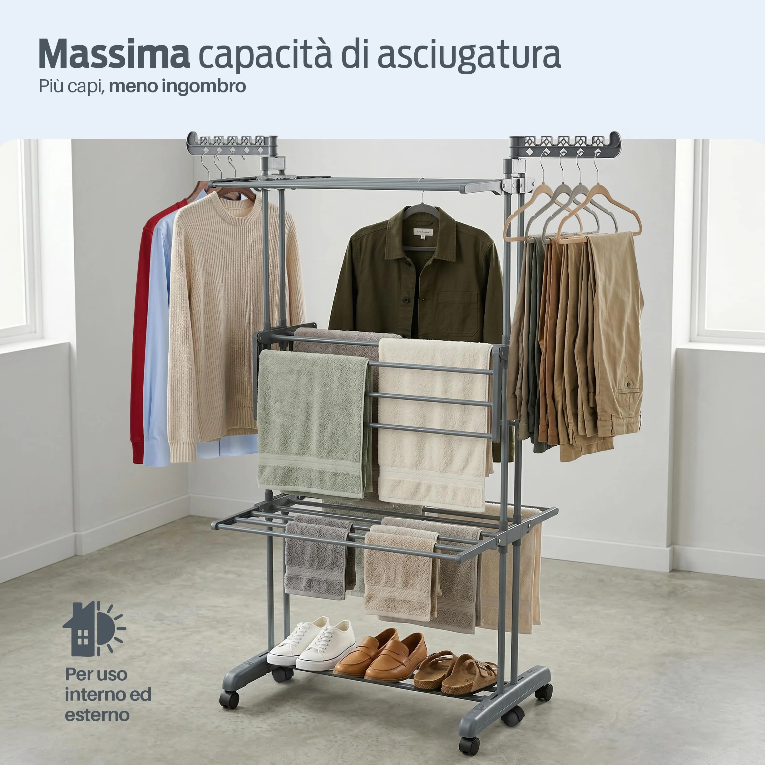 PORTENTUM Stendino verticale salvaspazio pieghevole con 4 livelli e 24 barre di stenditura – Fino a 40 kg – Stendibiancheria con 2 accessori per calzini e 2 ali laterali – Ruote girevoli con freno