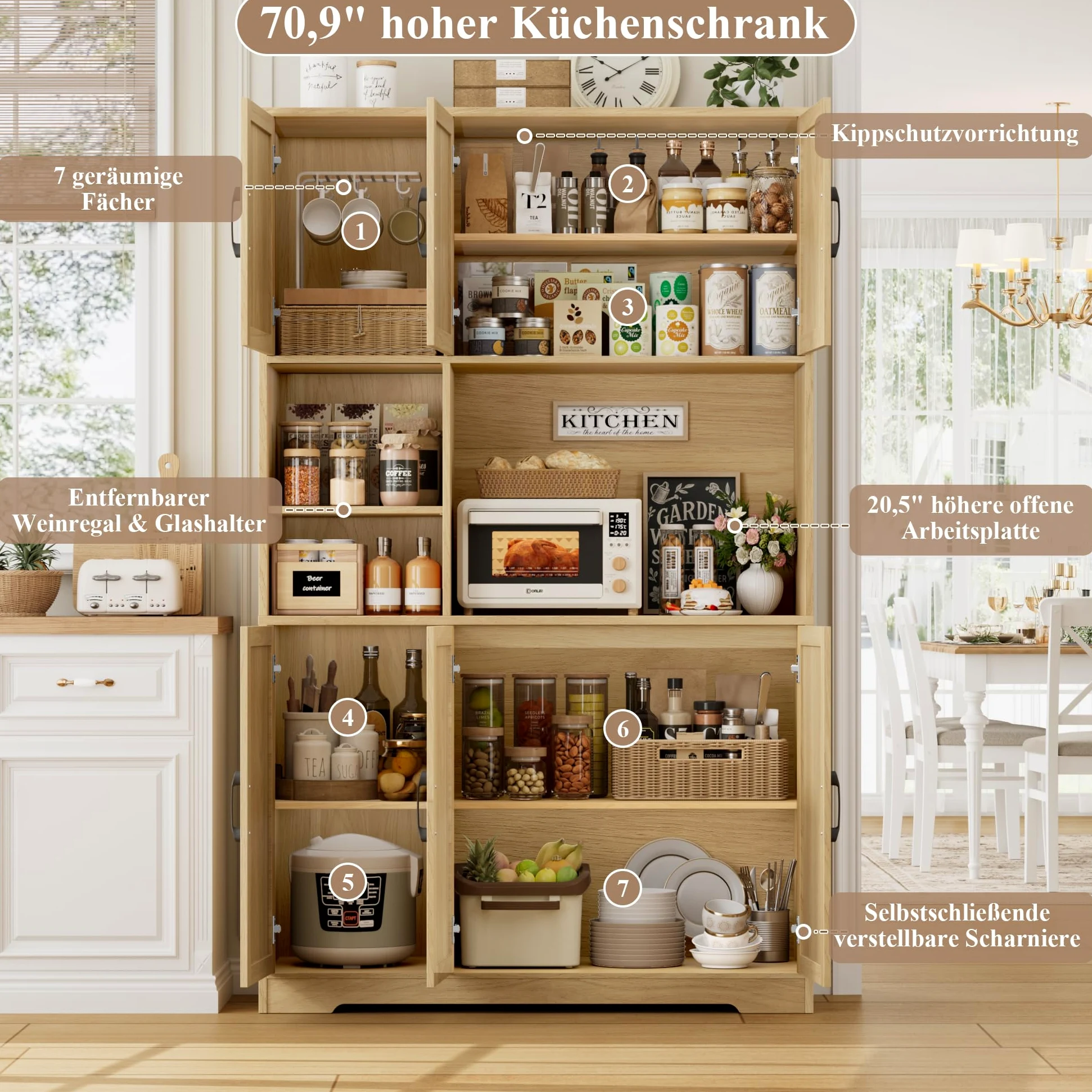 HOCSOK Credenza Cucina, Alta Dispensa Cucina con 6 Armadietti, Rimovibile Portabottiglie da parete con porta calici, Microonde con Ripiani Aperti, mobile soggiorno, Bianco (Marrone)