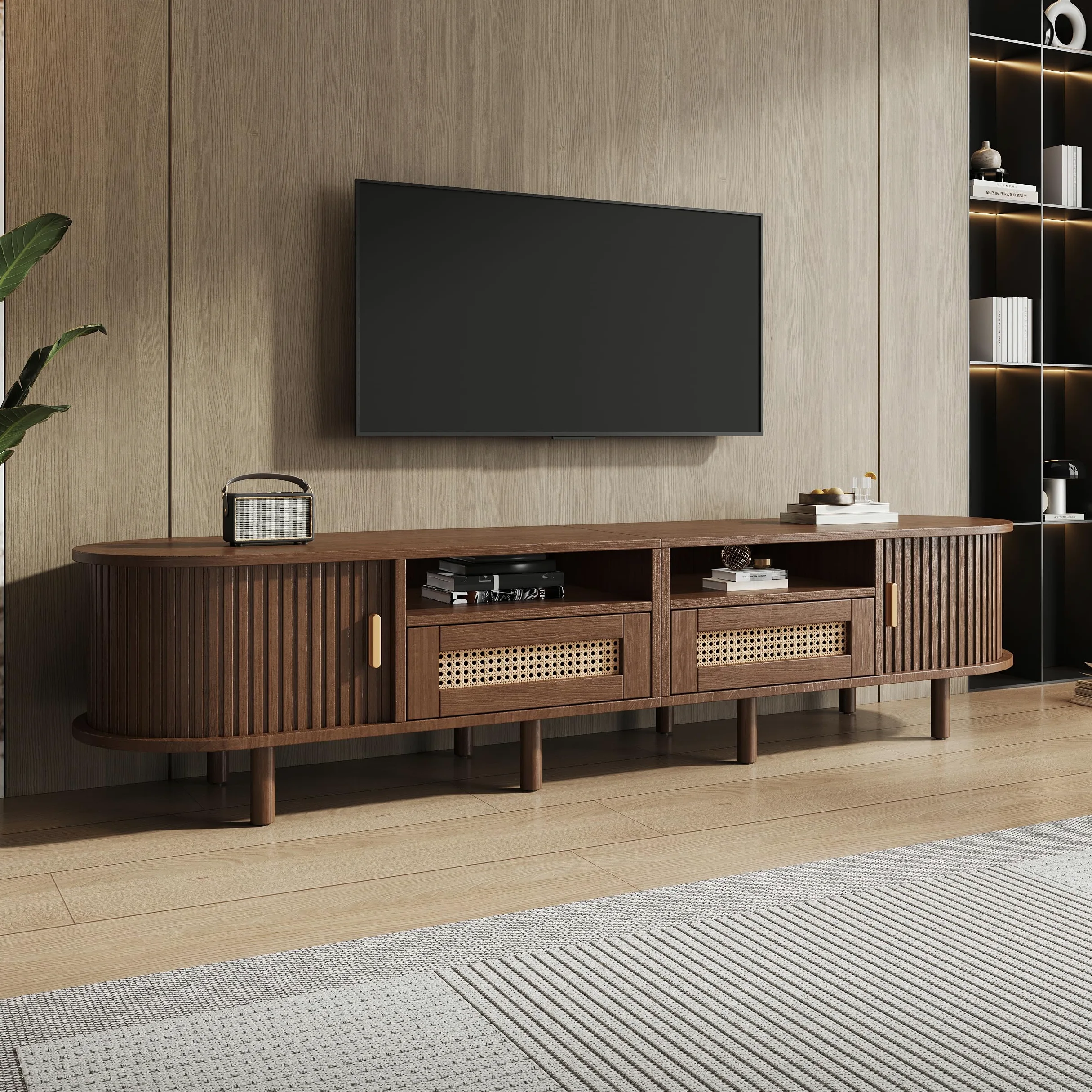 ModernLuxe Mobile TV Ovale e Tavolo TV per 70 Pollici, con 2 Cassetti in Rattan, 2 Ante Scorrevoli, Credenza Bassa, 170 * 40 * 40 cm Color Noce