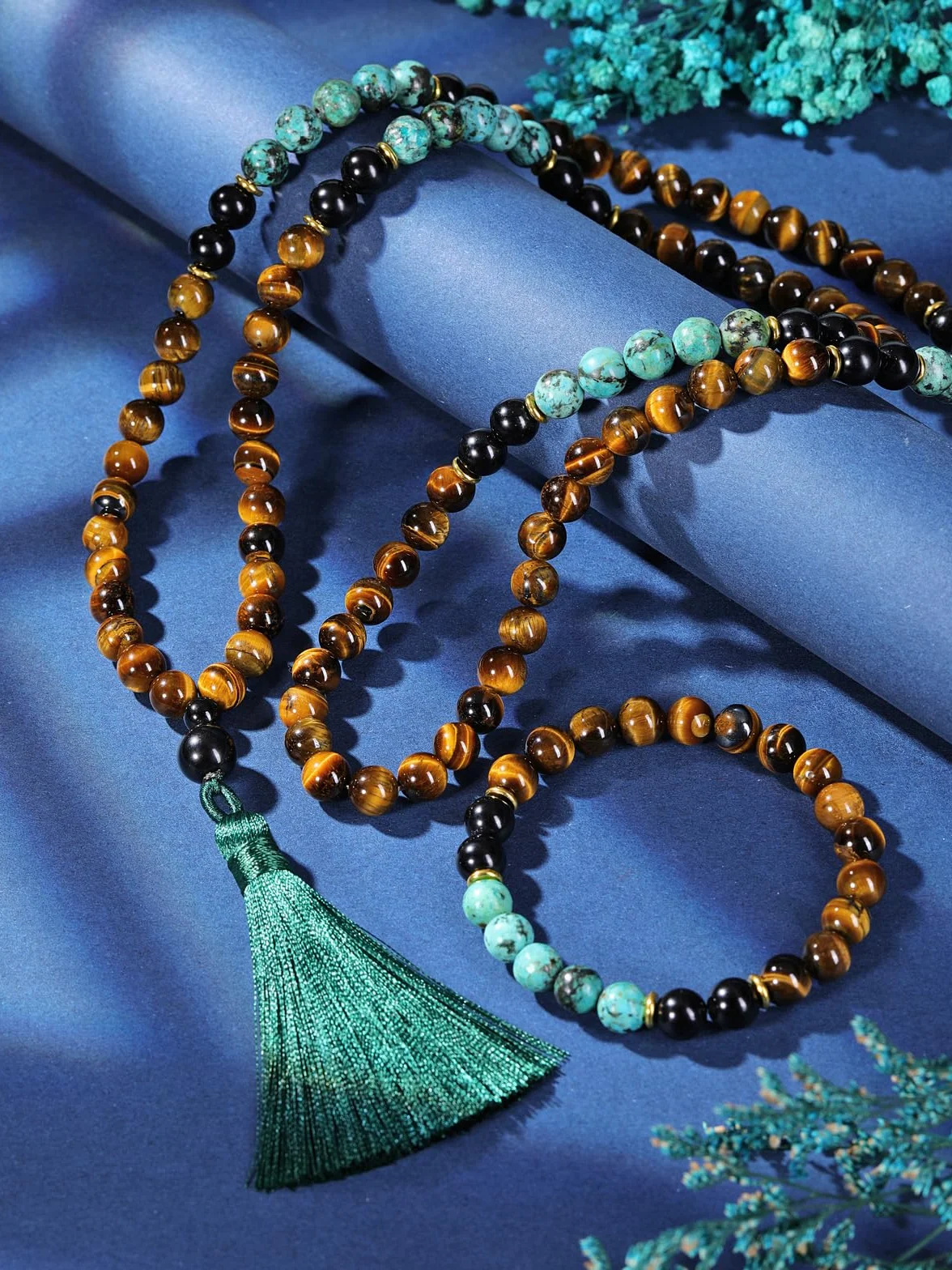 Jovivi Mala 108 Grani Collana Rosaria Tibetana in Pietre Naturali con Nappa Bracciale con Perline Cristalli Elastico per Donna Uomo Parure Preghiera 108 Perline Buddista Turchese Occhio di Tigre