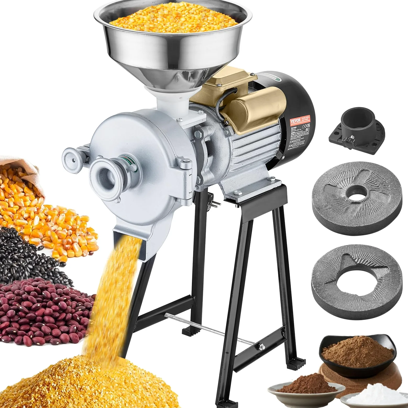VEVOR Mulino Elettrico per Cereali, Macina Spezie 3000 W, Mulino per Mais con Imbuto, Macchina per Polvere Spessore Regolabile, Mulino per Cereali per Farina Impieghi Gravosi, Macina a Secco o Umido