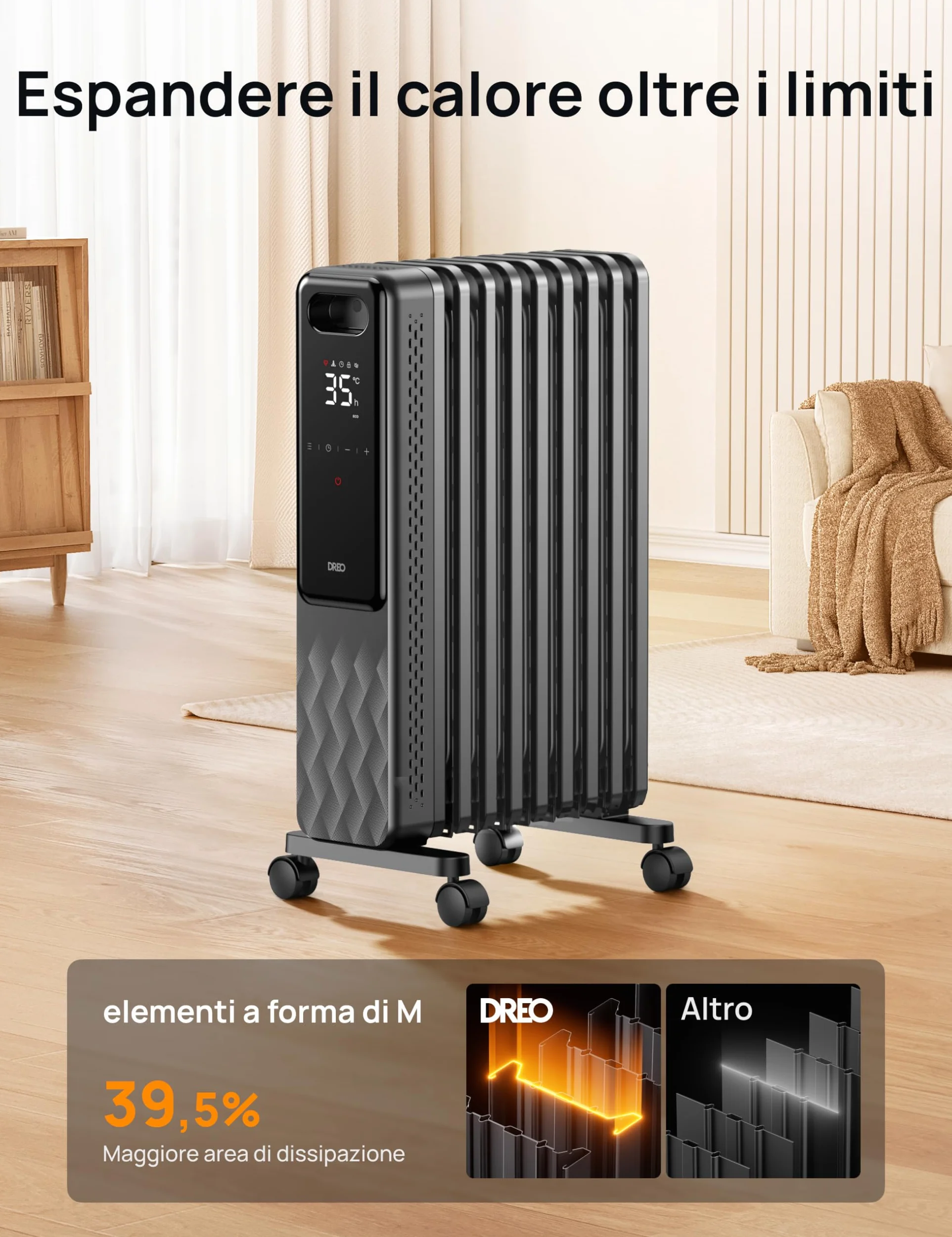 DREO Radiatore Elettrico Basso Consumo 2000W, Radiatore ad Olio 9 Elementi con Telecomando, 3 Livelli, 4 Modalità, Timer 24h, Protezione Surriscaldamento e Ribaltamento, Riscaldatore con Termostato