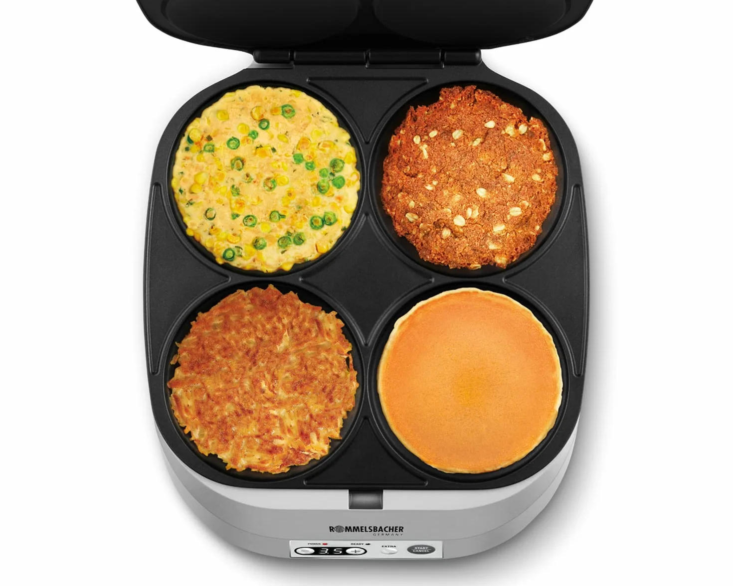 ROMMELSBACHER Pancake Maker PC 1800, 1800W, 4 piastre 13,5 cm, antiaderente, timer 15 min, spegnimento automatico, argento