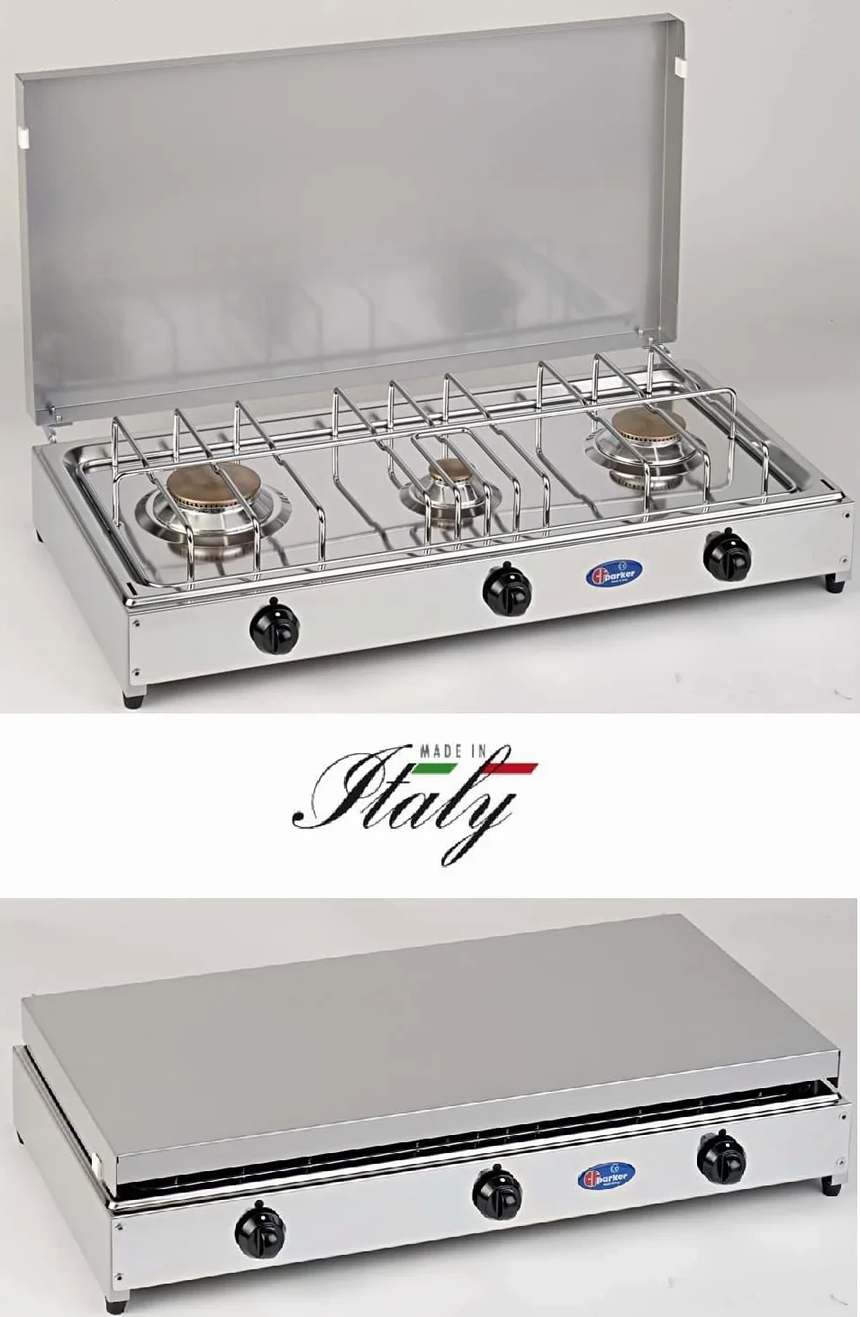 PARKER FORNELLO DA TAVOLO GAS METANO 3 FUOCHI CON PIANALE IN ACCIAIO INOX E TELAIO GRIGIO 5523GM - USO ESTERNO