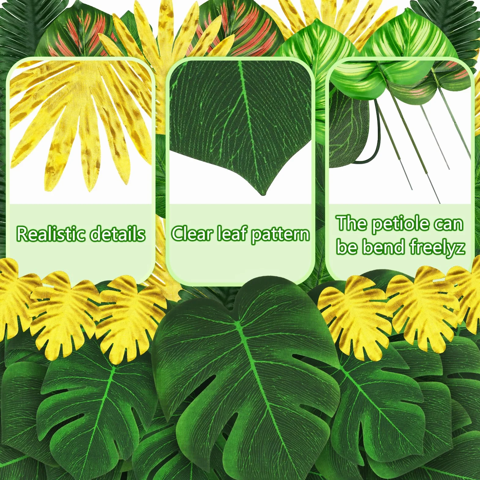QUOZUO 50 pezzi foglie tropicali artificiali Monstera decorazione verde e oro