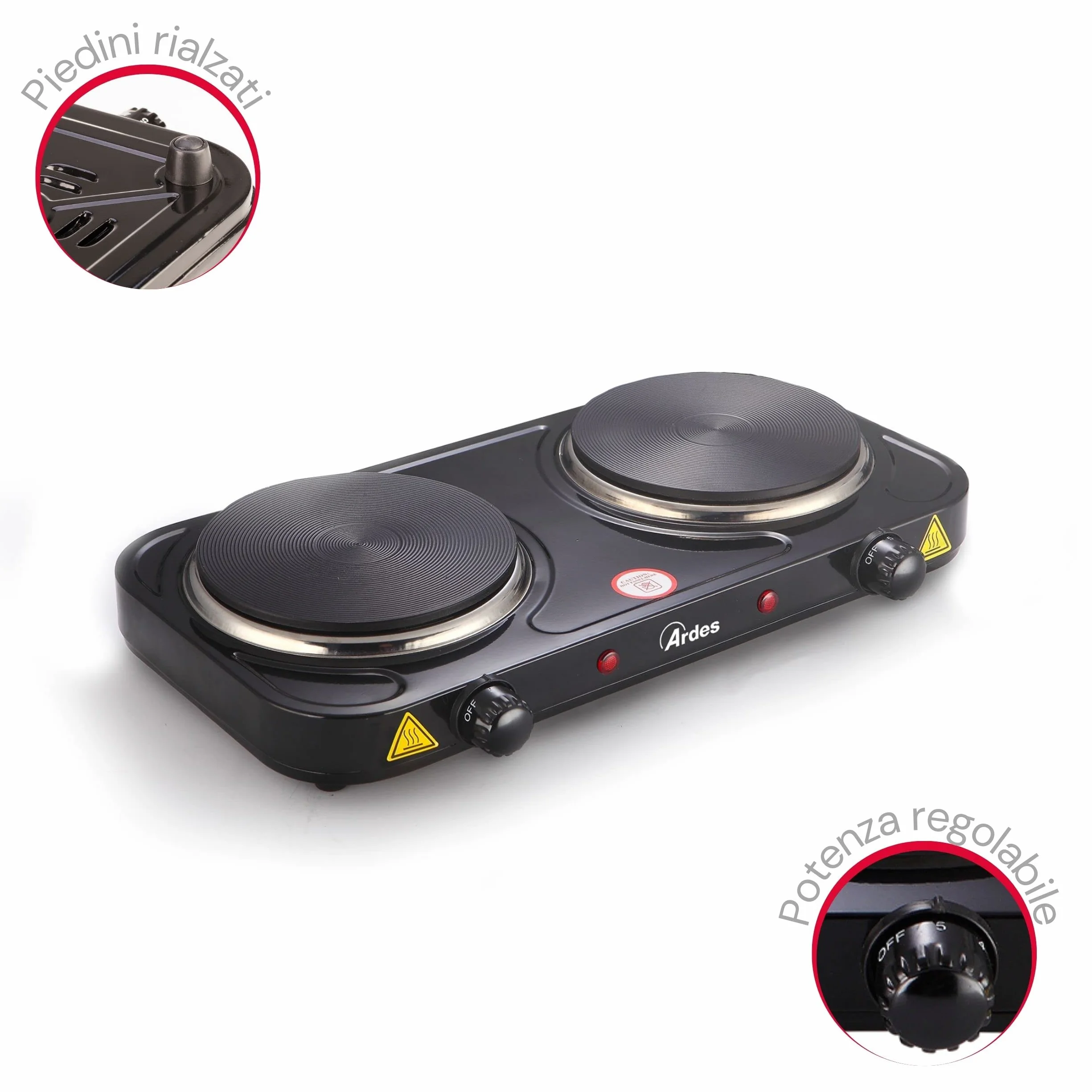 Ardes TIKAPPA F20 Fornello Elettrico 2000 W 2 Piastre Ghisa 15,5 cm Termostati Indipendenti Nero