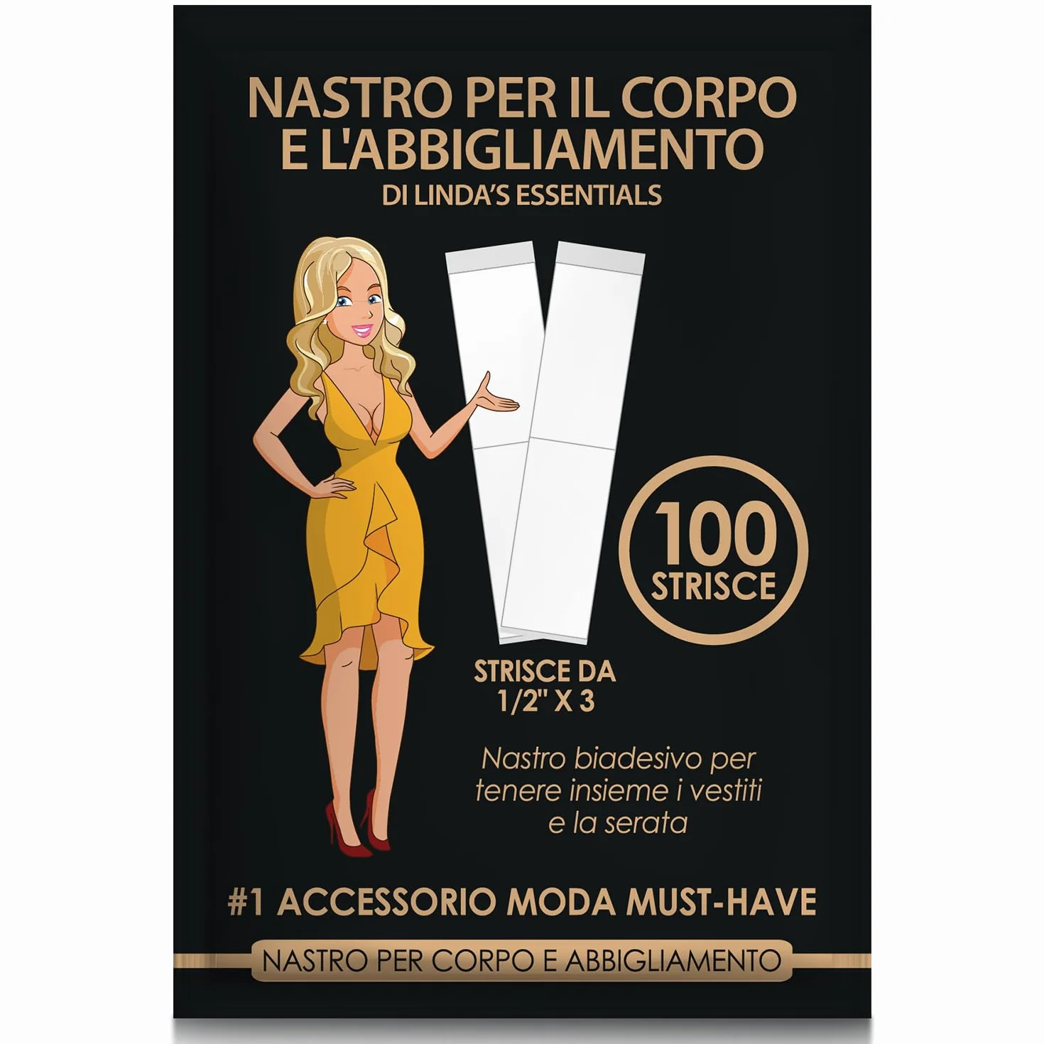 Linda's Essentials Nastro biadesivo Extra forte per tessuti Fashion Tape (confezione da 100), biadesivo trasparente per scollature, spalline, orli