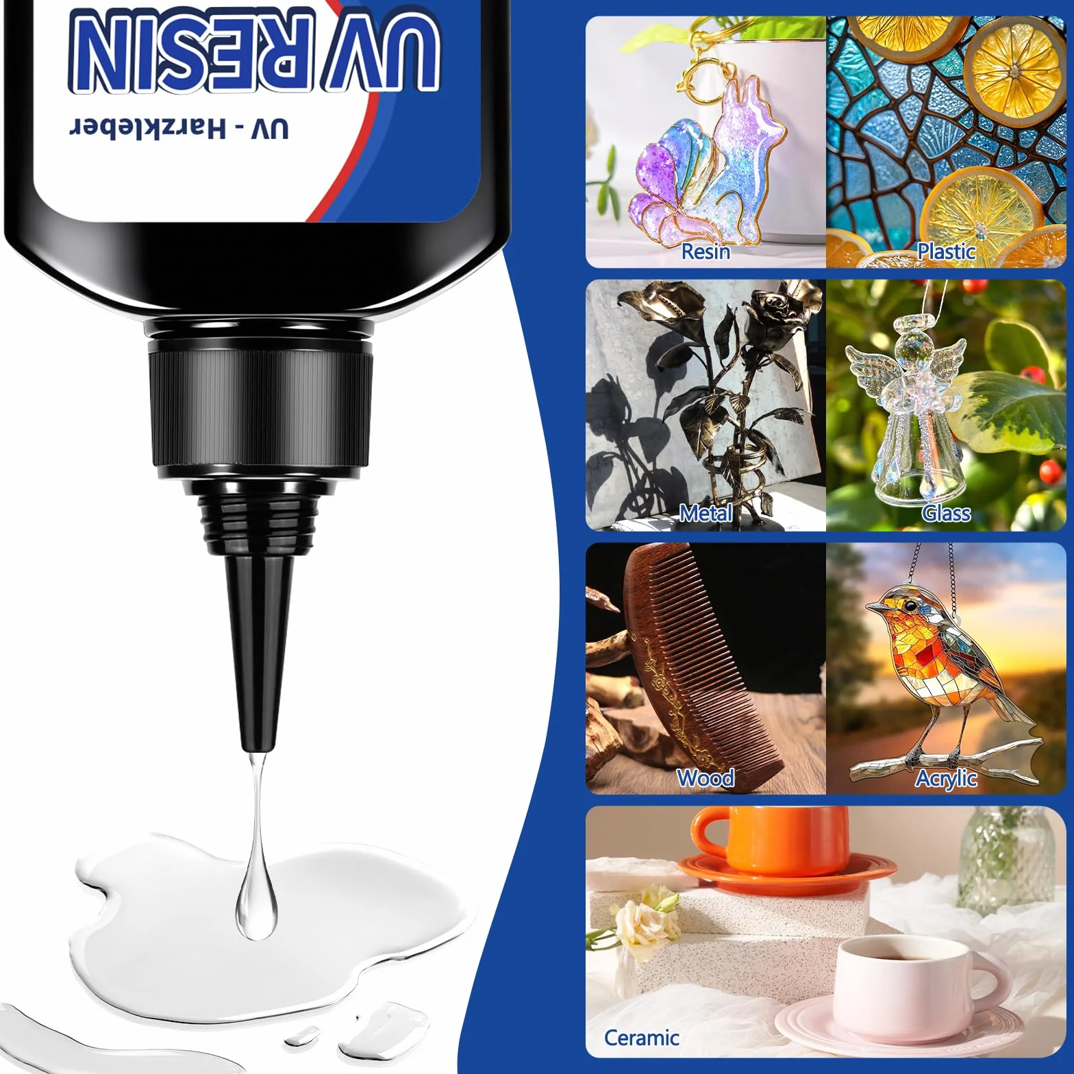 Kit Resina UV 60g con Luce 395nm, Colla UV Professionale per Gioielli, Colla UV con Luce Ricaricabile, Polimerizzazione Rapida in 5 Secondi, Ideale per DIY e Lavorazioni Artigianali