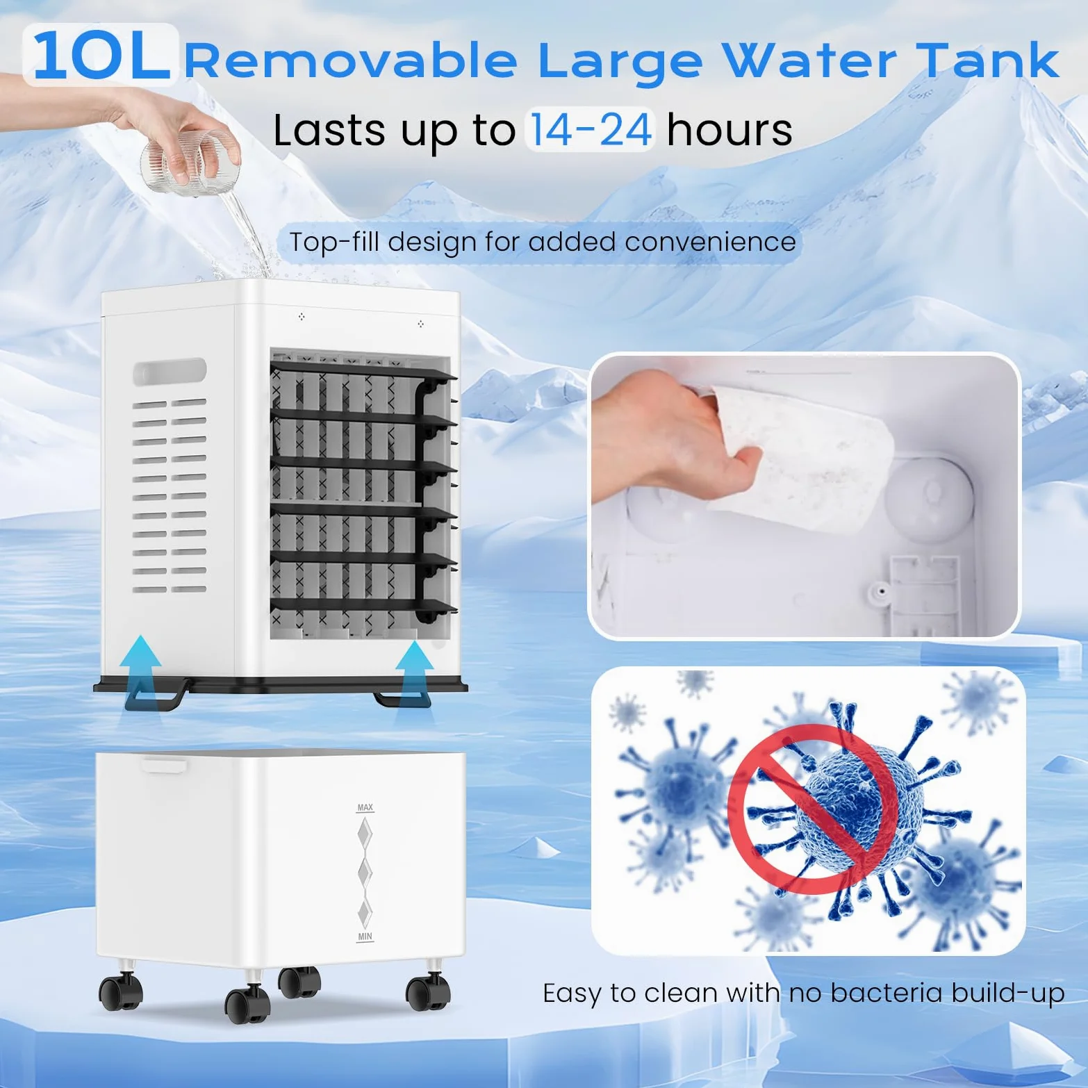 Condizionatore Portatile 12L Serbatoio Estraibile, Raffreddatore d’Aria senza Tubo 45W, 3 Modalità 6 Velocità, 4 in 1 Climatizzatore Evaporativo Silenzioso Timer 1-12 H, Telecomando per Casa e Ufficio