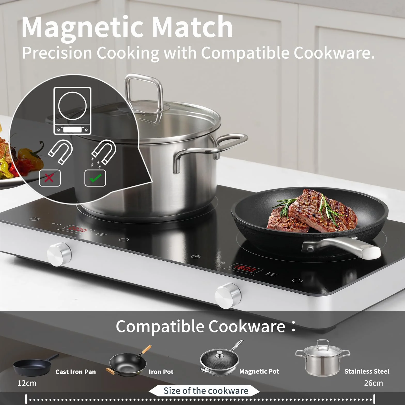 COOKTRON Piastra Induzione 2 Fuochi, Piastra Ad Induzione 3500W, Portatile con Controllo Touch e Manopola, Timer 4 Ore, Sicurezza Bambini, 10 Livelli di Potenza/Temperatura