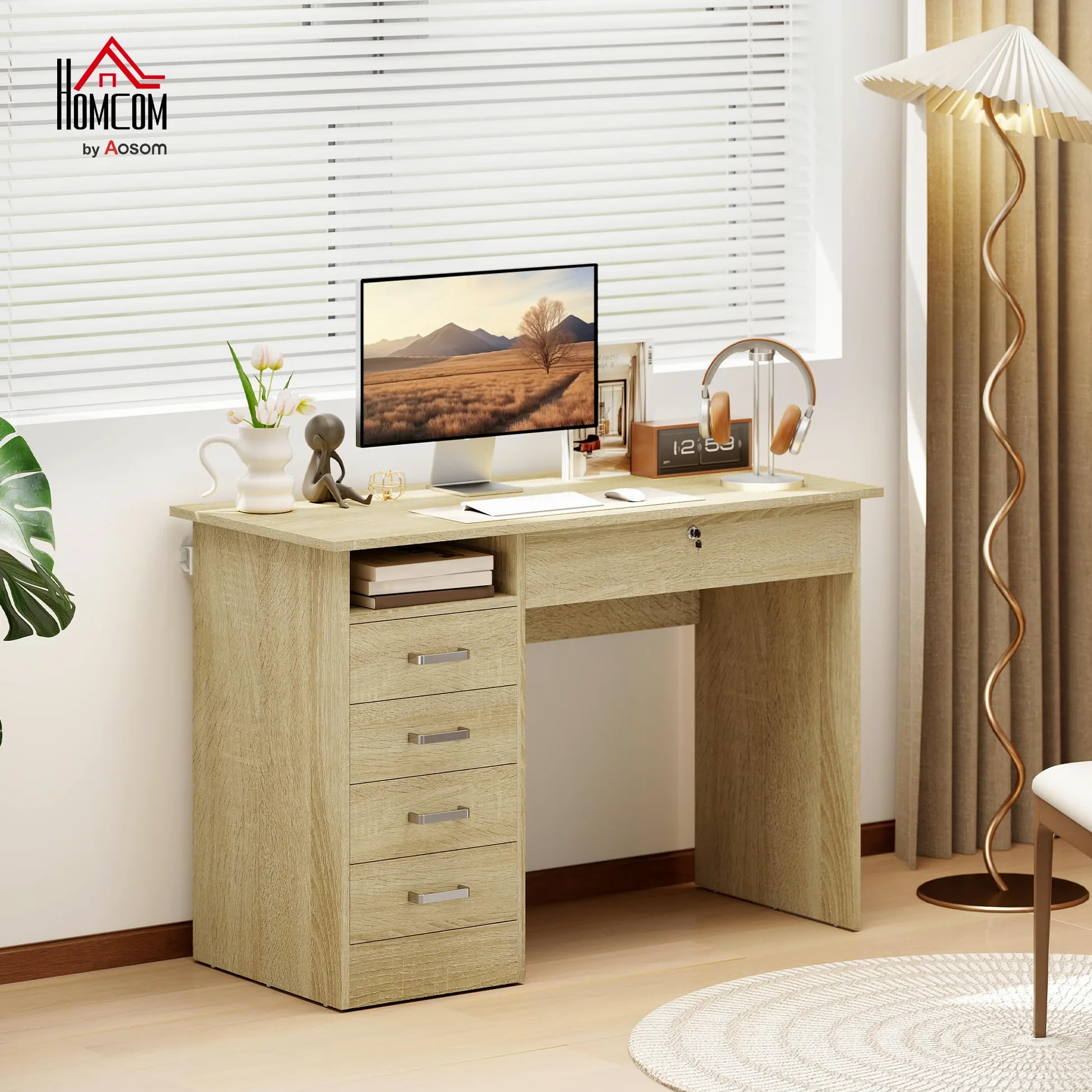 HOMCOM Tavolo per computer moderno con 5 cassetti, ampio piano, 1 scomparto aperto, cassetto con serratura, 110 x 50 x 76 cm, rovere