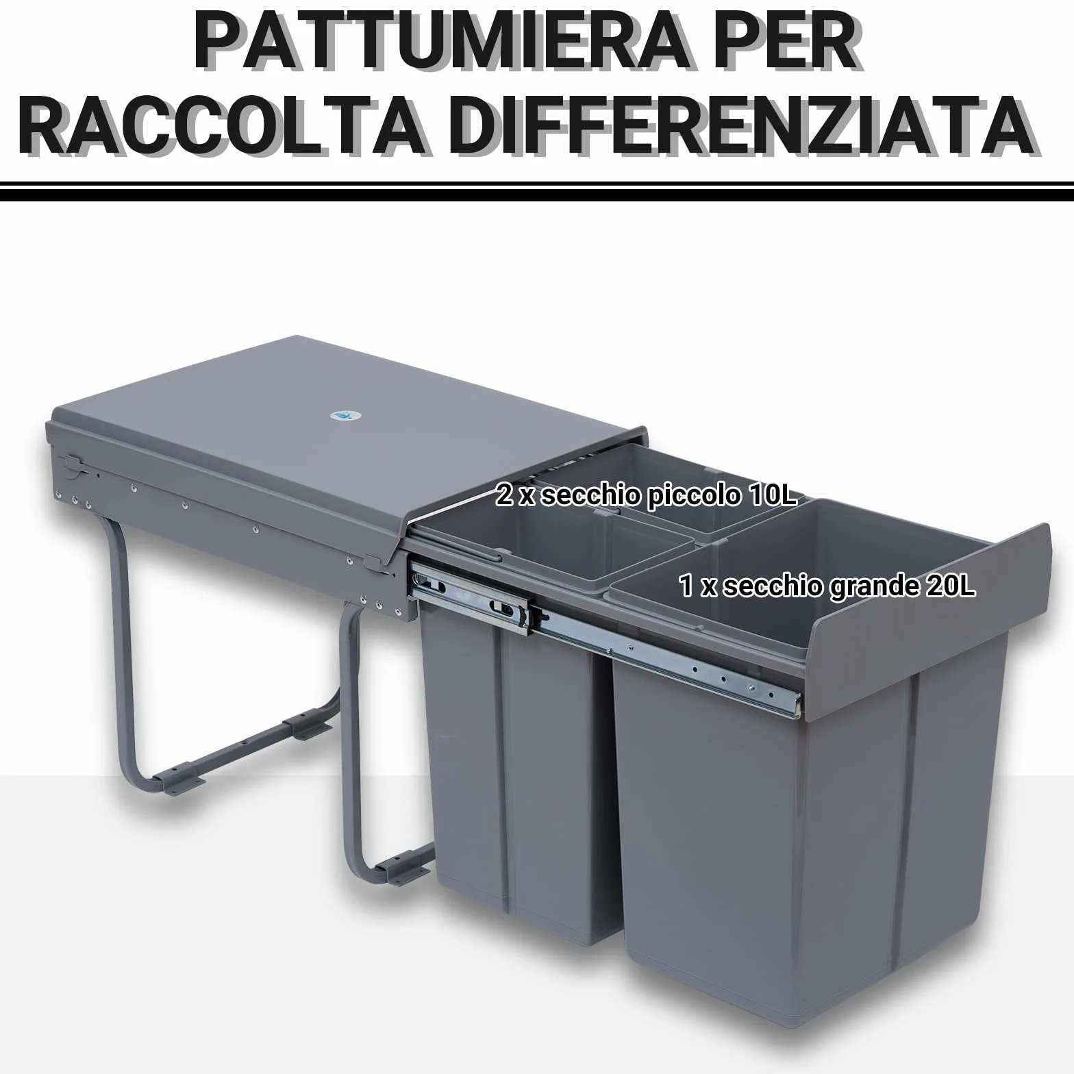 HOMCOM Pattumiera Estraibile da 40L con 3 Contenitori per Raccolta Differenziata, Cestino Spazzatura in Acciaio, ABS e PP, 48x34.2x41.8 cm, Grigio