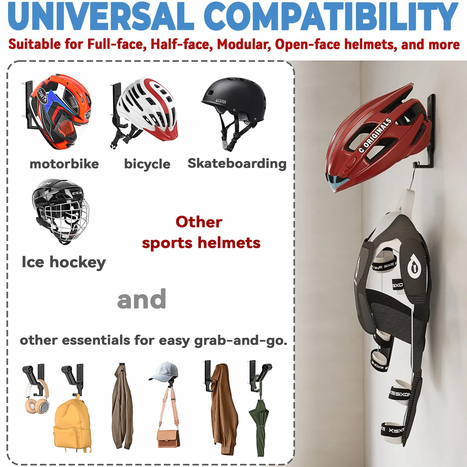 sciuU Supporto da parete per casco [2 pezzi] - Supporto per caschi con gancio per accessori - per moto, bici, baseball, rugby, sci, skateboard, casco sportivo