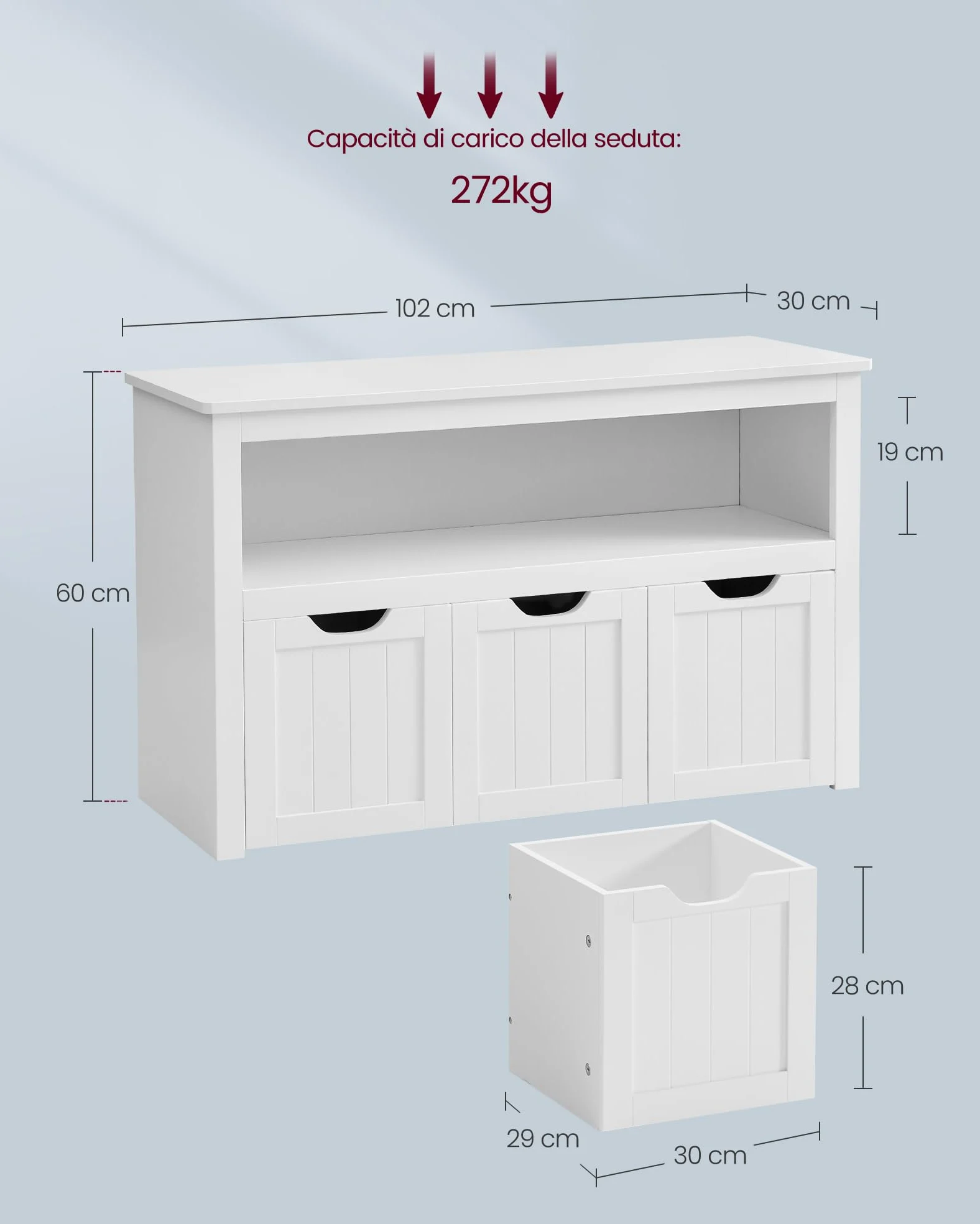 VASAGLE Scaffale per Bambini, Porta Giochi per Bambini, Multiuso, 3 Contenitori con Ruote, Porta Giocattoli, per Soggiorno Cameretta, 30 x 102 x 60 cm, Bianco Nuvola LHS380W01