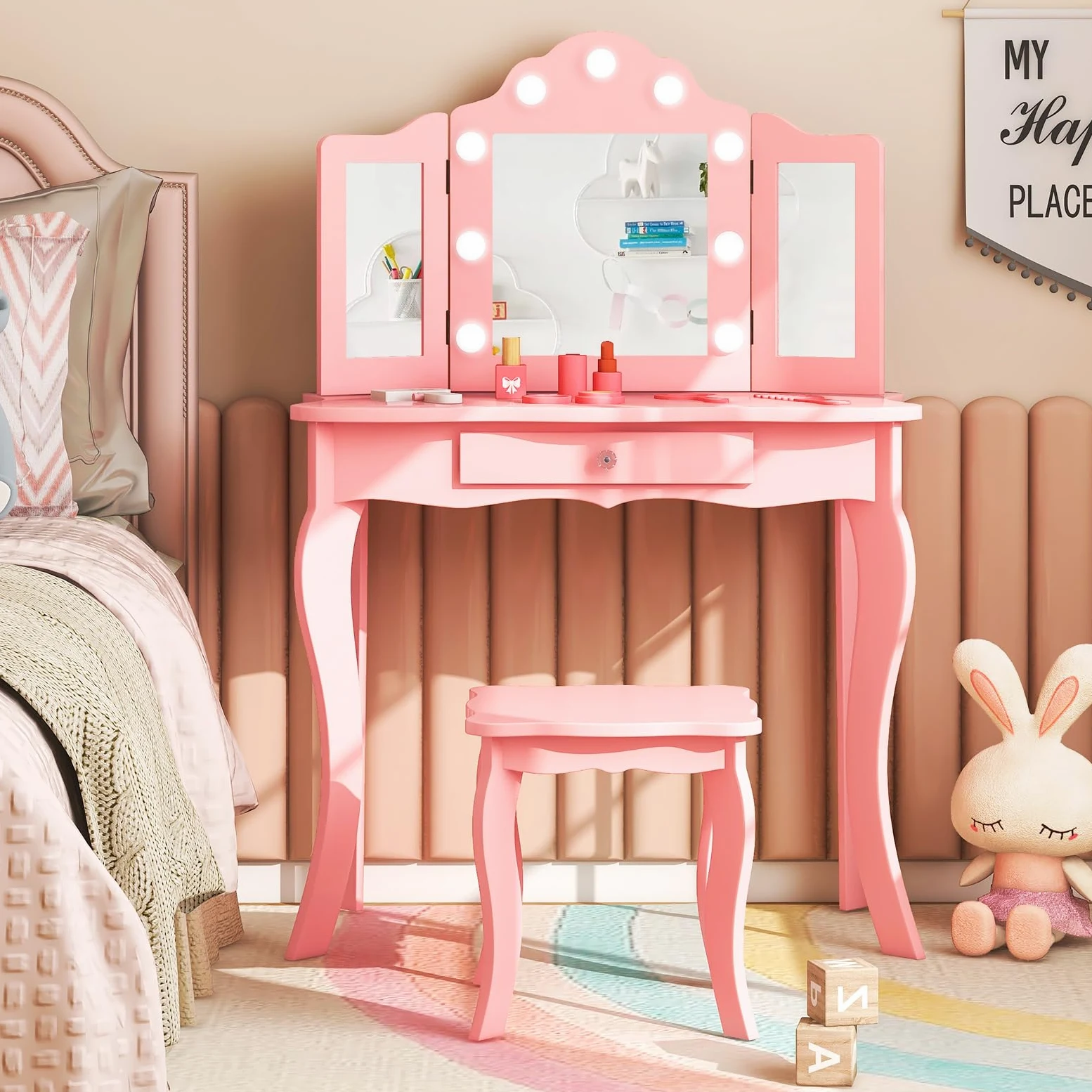 COSTWAY Toeletta Trucco 2 in 1 per Bambina, Specchiera Staccabile per Ragazza in Legno con Sgabello, Cassetto, Ripiani e Giocattoli, Postazione Trucco per 3 Anni, 70 x 34 x 103 cm (Rosa)