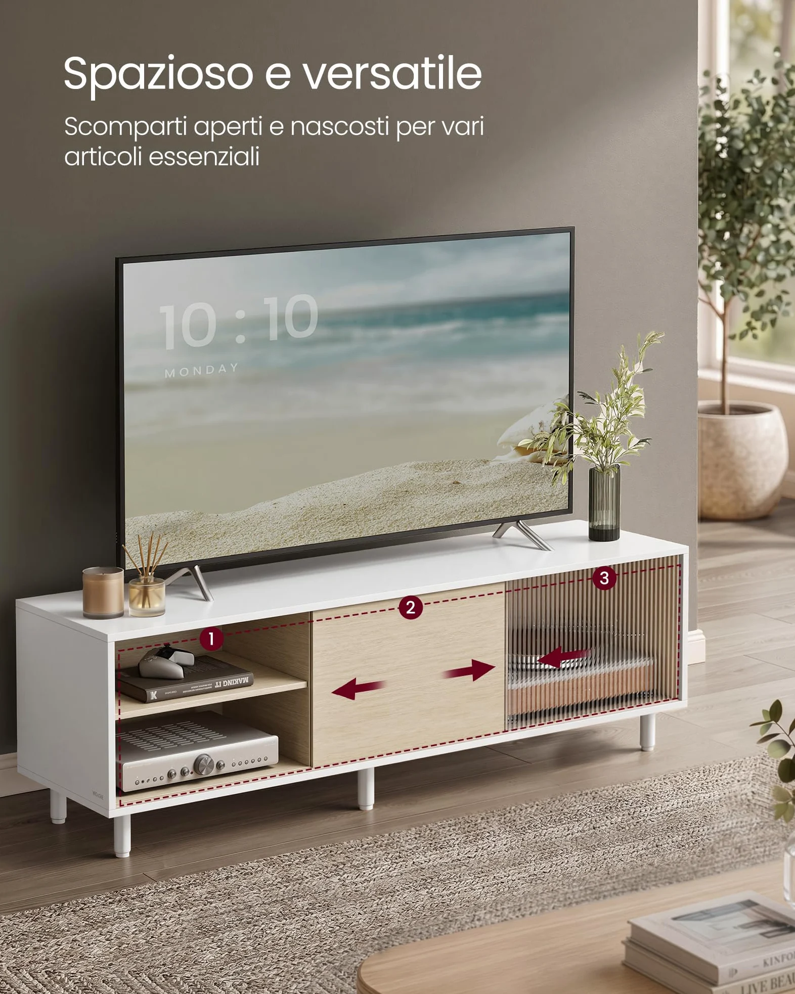 VASAGLE Mobile TV per Televisore fino a 32/45/50/55/60 Pollici, Montaggio Rapido Senza Attrezzi Toolless, per Soggiorno, Vetro Scanalato, Moderno, 140 x 39 x 45 cm, Bianco LTV466W01