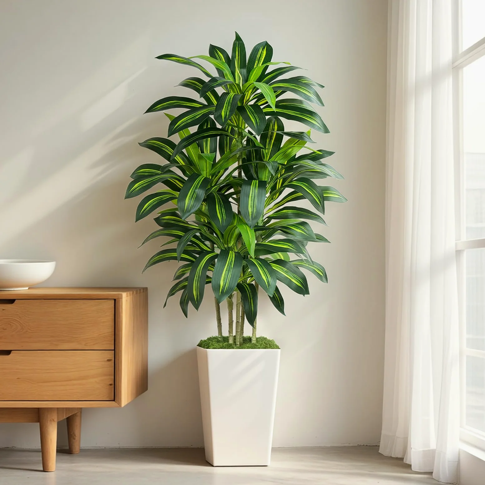 Pianta Finta Dracaena Artificiale 150cm alta con Vaso Bianco, Piante Finte da Interno Grandi Ha 108 foglie, Albero Artificiale Interni Per Soggiorno Ufficio Giardino Dec