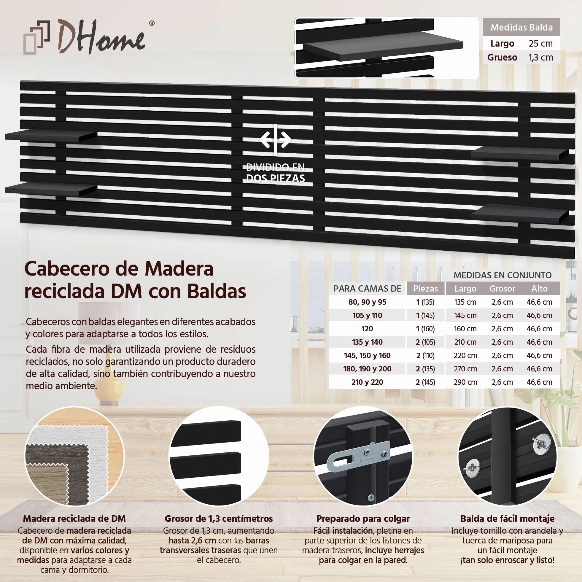 DHOME Testiera con Mensole in Legno Riciclato DM da Appendere alla Parete Stile Pallet Letto Vintage Nordico Supporti Inclusi (Stile Giapponese, Nero Solido, 270cm)