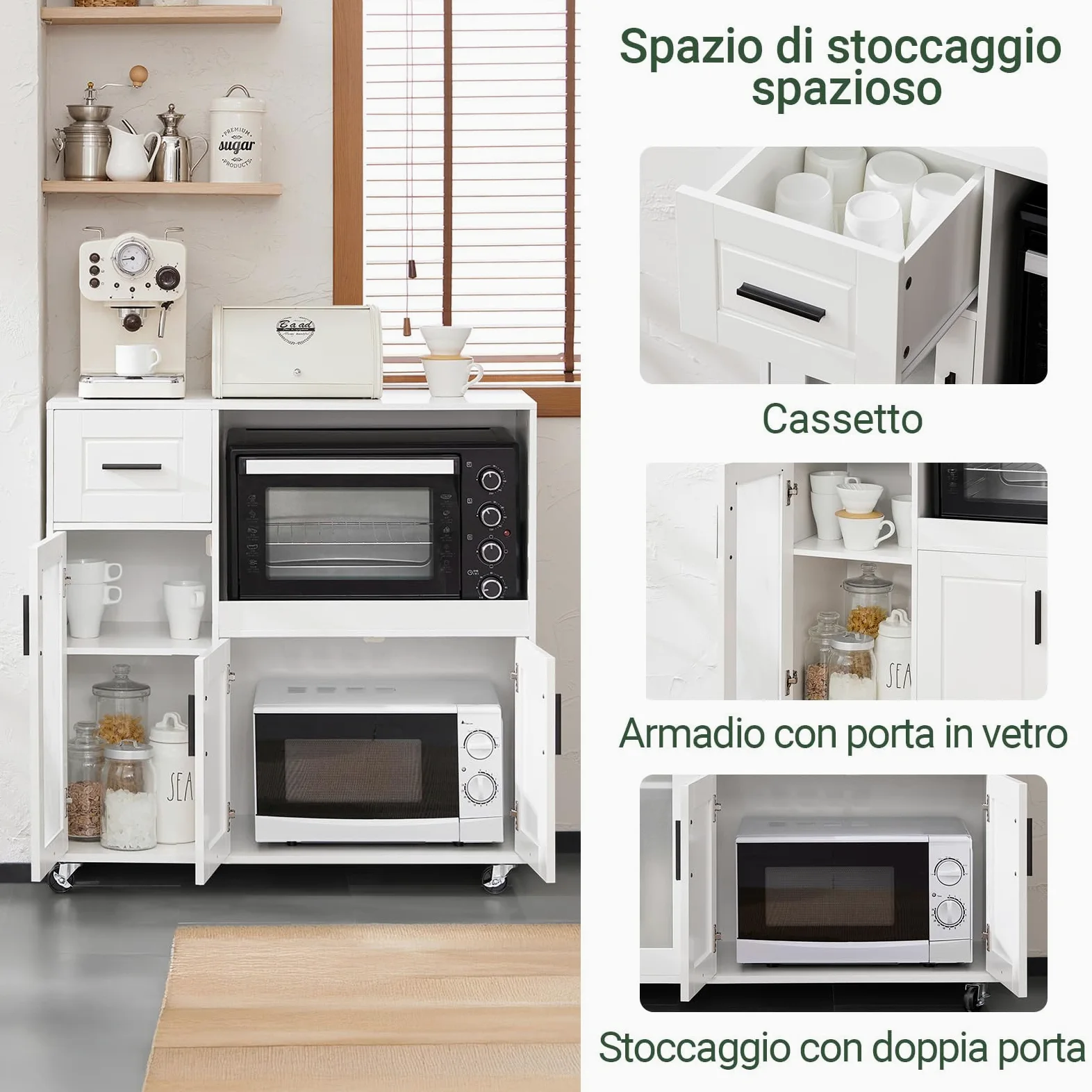 SoBuy Carrello da Cucina, Isola Cucina con Ruote, Mobili da Cucina, Supporto per Microonde, Carrello Mobile per Sala da Pranzo e Ufficio 88,5 x 40 x 89 cm Bianco FSB78-W