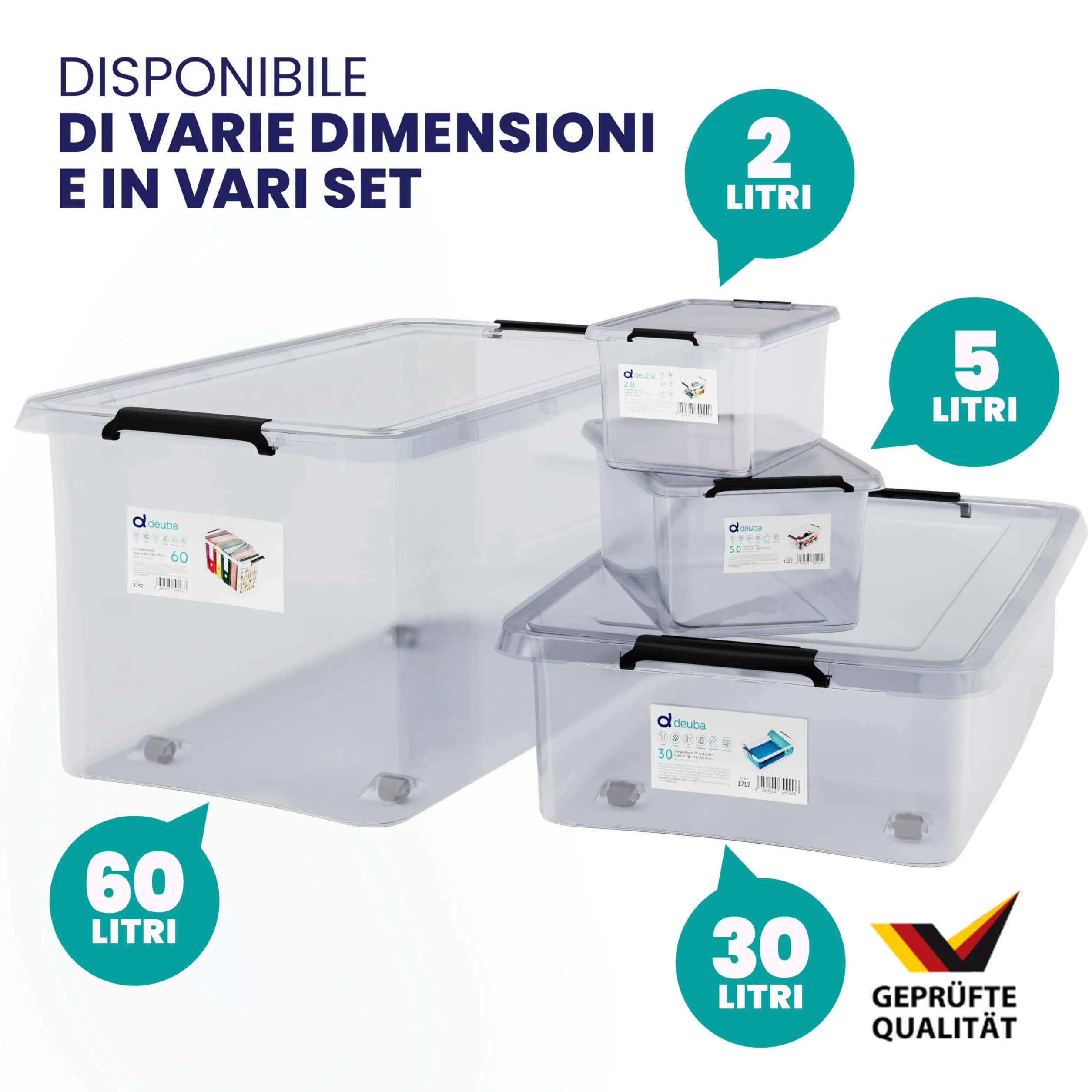 Deuba 6X 60L Scatole in Plastica Trasparente Contenitori con Coperchio Impilabili con Ruote