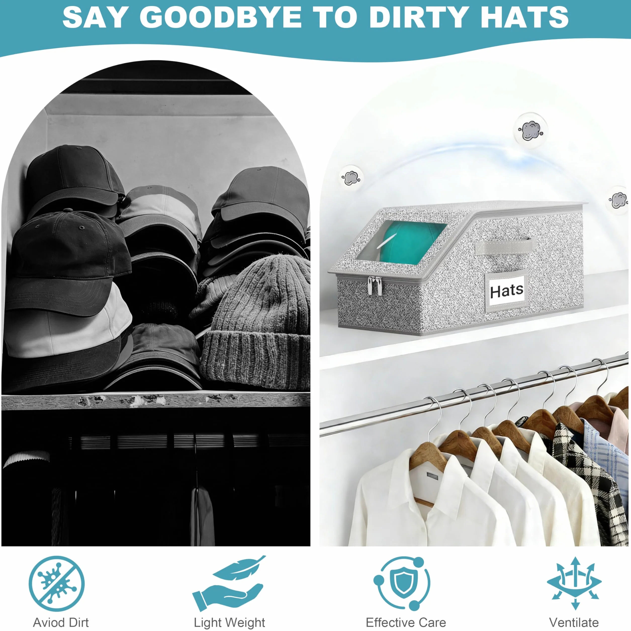 Organizzatore Porta Cappelli Pieghevole Anti-Polvere Grande Capacità con Chiusura a Zip 2 Pezzi Grigio