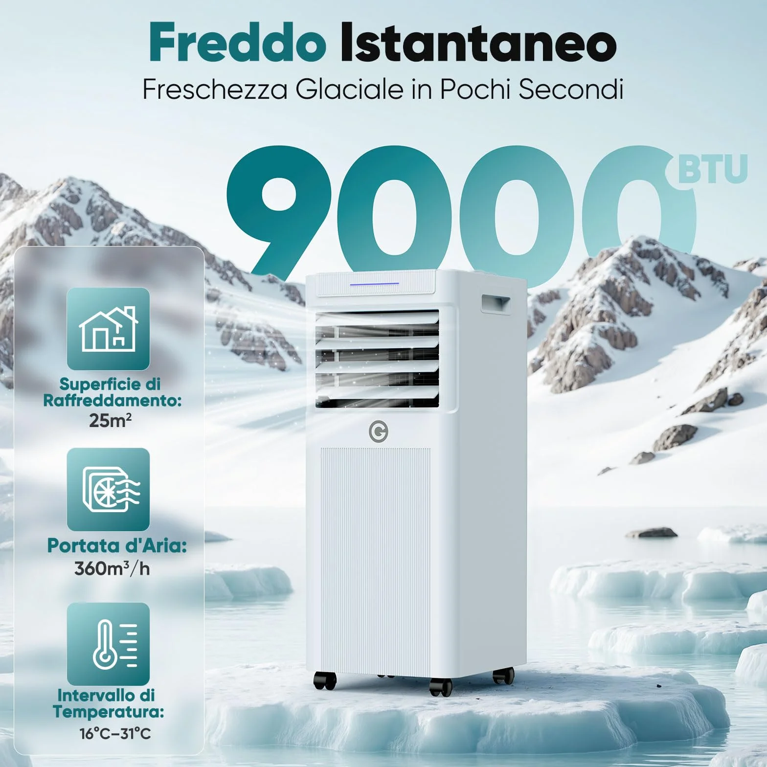 Condizionatore Portatile 9000 BTU con Deumidificatore 4 in 1, Ventilatore di Raffreddamento a 2 Velocità, Display Digitale e Telecomando, Kit Finestra, Timer 24 Ore Per Stanze Fino a 25 m²/78m³