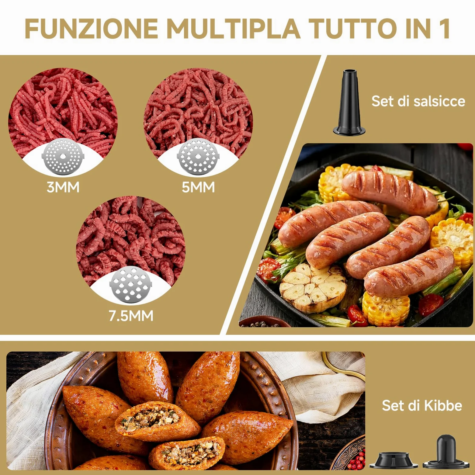 AAOBOSI Tritacarne Elettrico, 3-In-1 Tritacarne Elettrico Professionale [3000W MAX], 2 Lame, 3 Piastre Di Macinazione In Acciaio Inox, 1 Tubi Per Insaccati, 1 Kubbe