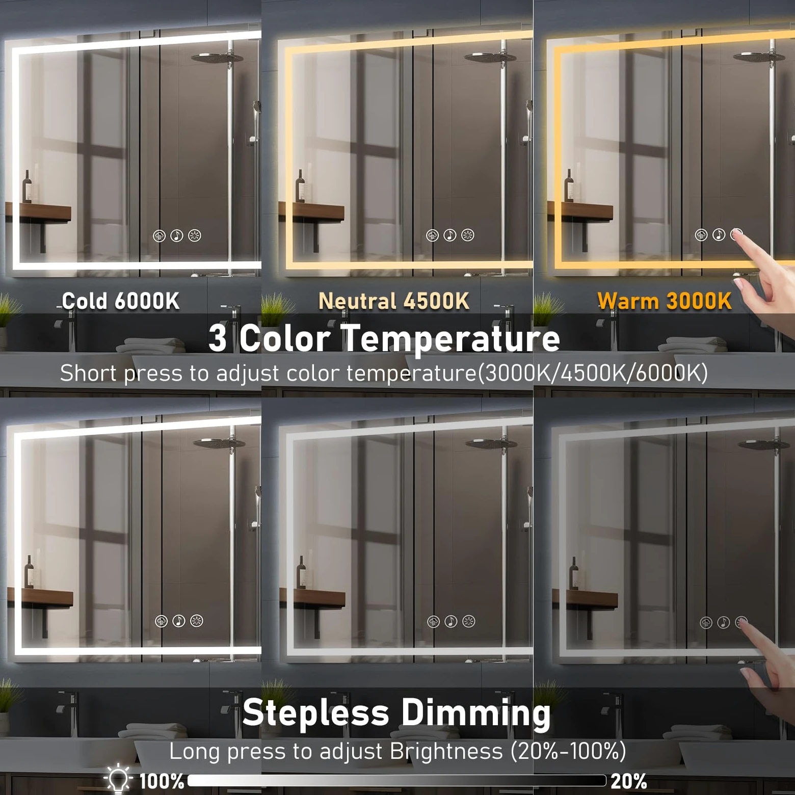 70x100cm Specchio Bagno con Luce LED e Bluetooth, Specchio da Parete Antideflagrante con Luminosità Regolabile，3 Colori Luce, IP44 impermeabile, vetro temperato, Orizzontale/Verticale