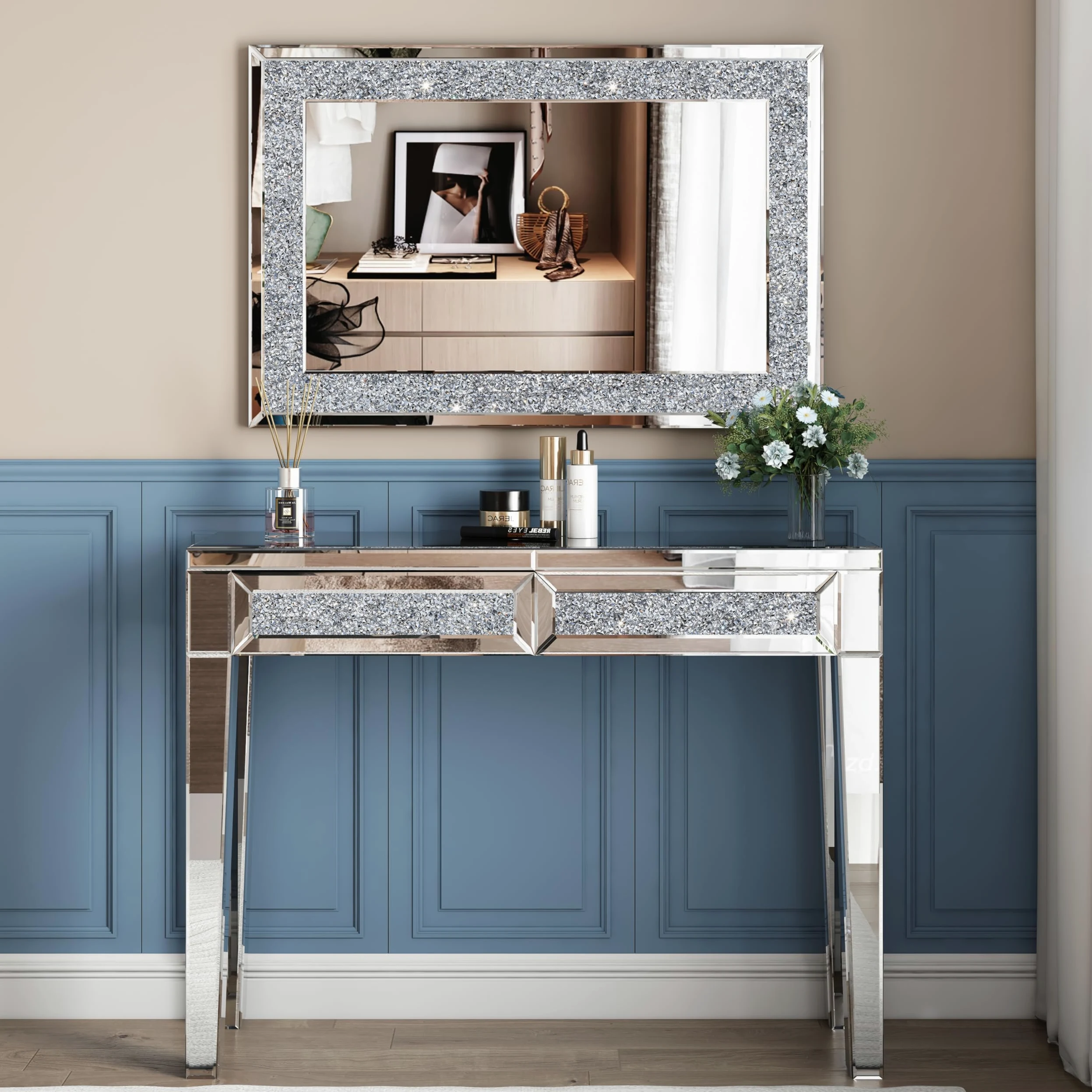 SHYFOY Specchio da Parete Rettangolare | Specchio Decorativo da Parete con Decoro Diamante in Cristallo | Specchio Grande e Lussuoso per Bagno Soggiorno Camera da letto Ingresso | 90 x 60 cm |