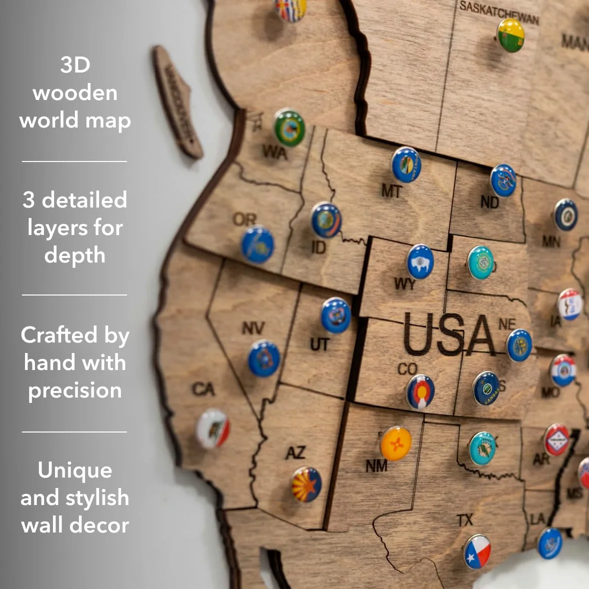 ENJOY THE WOOD Mappa Mondiale in Legno 3D Arte da Parete Grande Decorazione da Parete Idea Regalo per Inaugurazione Casa Mappa Mondiale in Legno per Viaggi Casa e Cucina o Ufficio (M, Terra)