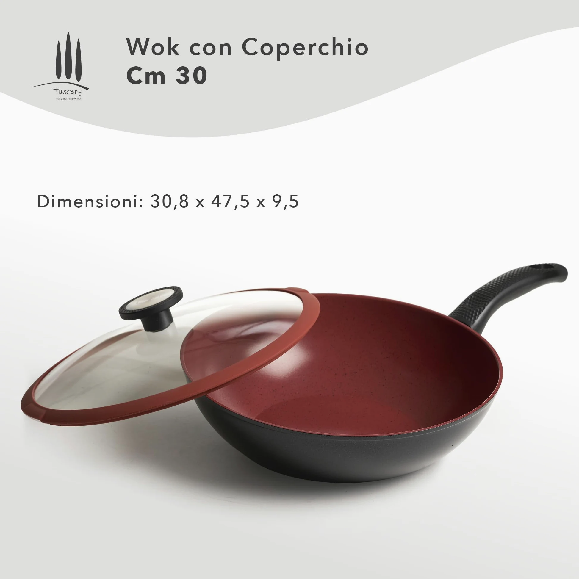 CLASSE ITALY, Linea TUSCANY, Wok cm 30 - Antiaderente naturale a 5 strati, alta resistenza, senza PTFE, PFOA, PIOMBO, CADMIO, per Induzione e Fiamma