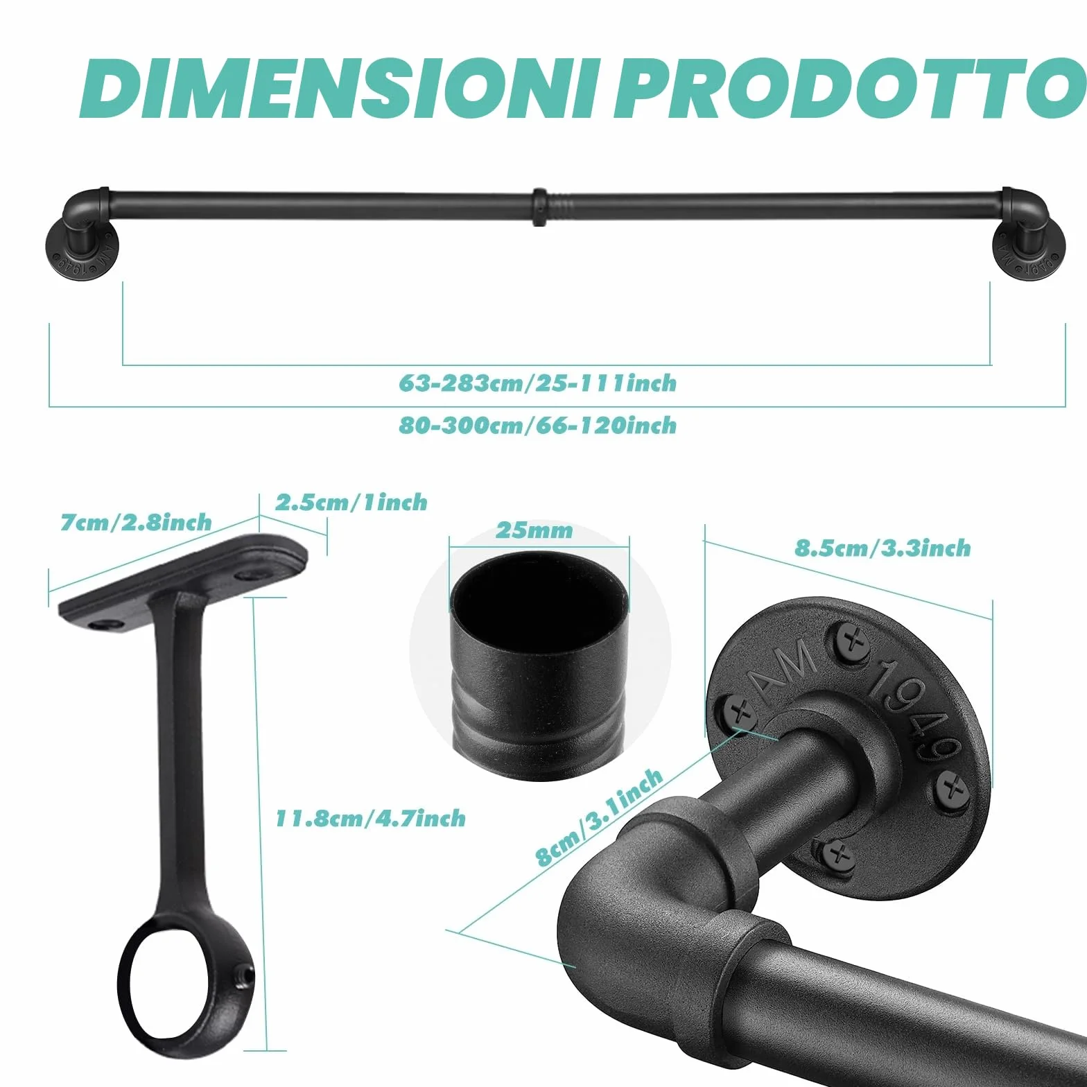 Bastone per tende estensibile nero diametro 25 mm 80-300 cm