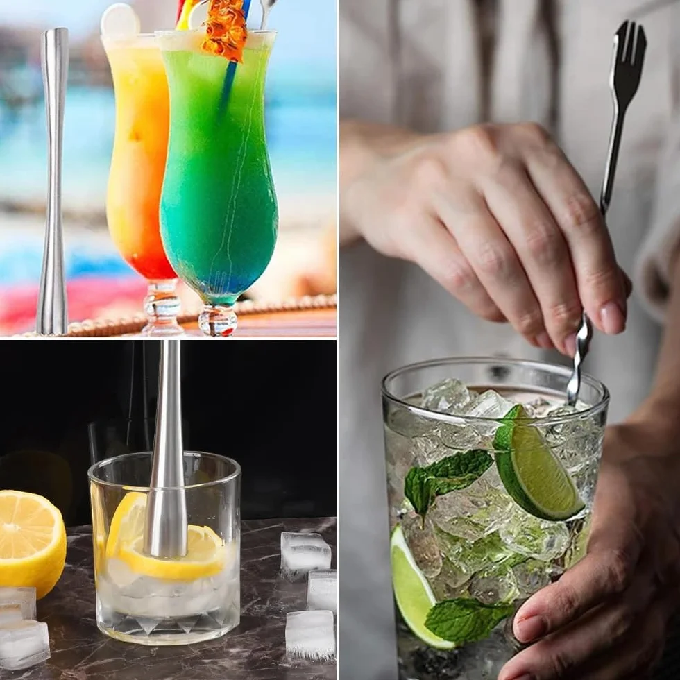 Pestello Cocktail Mojito 26CM Pestello e Cucchiaio da Cocktail in Acciaio Inox Ergonomic a Pestello Ghiaccio Adatto per Bar,Ristorante,Cucina(Argento)