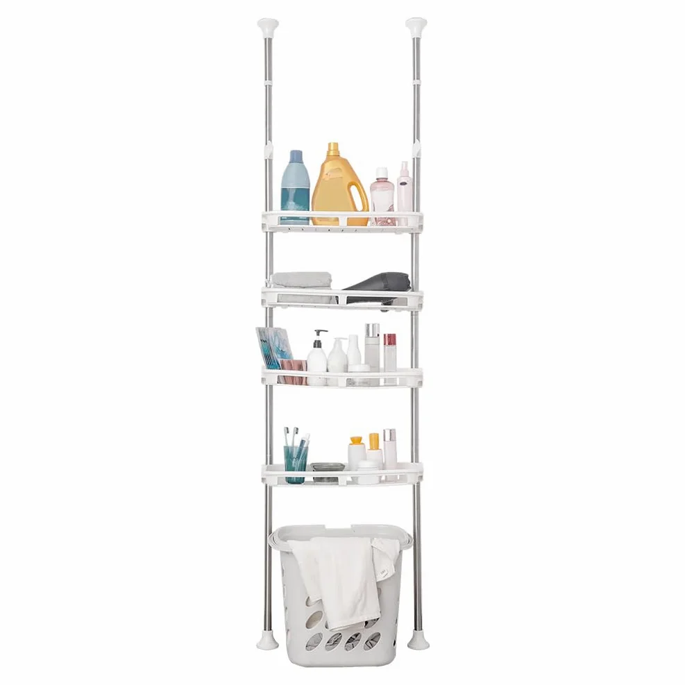 BAOYOUNI Scaffale Telescopico con 4 Cestelli, Mensola Portaoggetti sopra Toilette, Scaffalatura Salvaspazio per Bagno, Lavanderia, Camera da Letto, Ufficio o Cucina, Regolabili in Altezza, Avorio