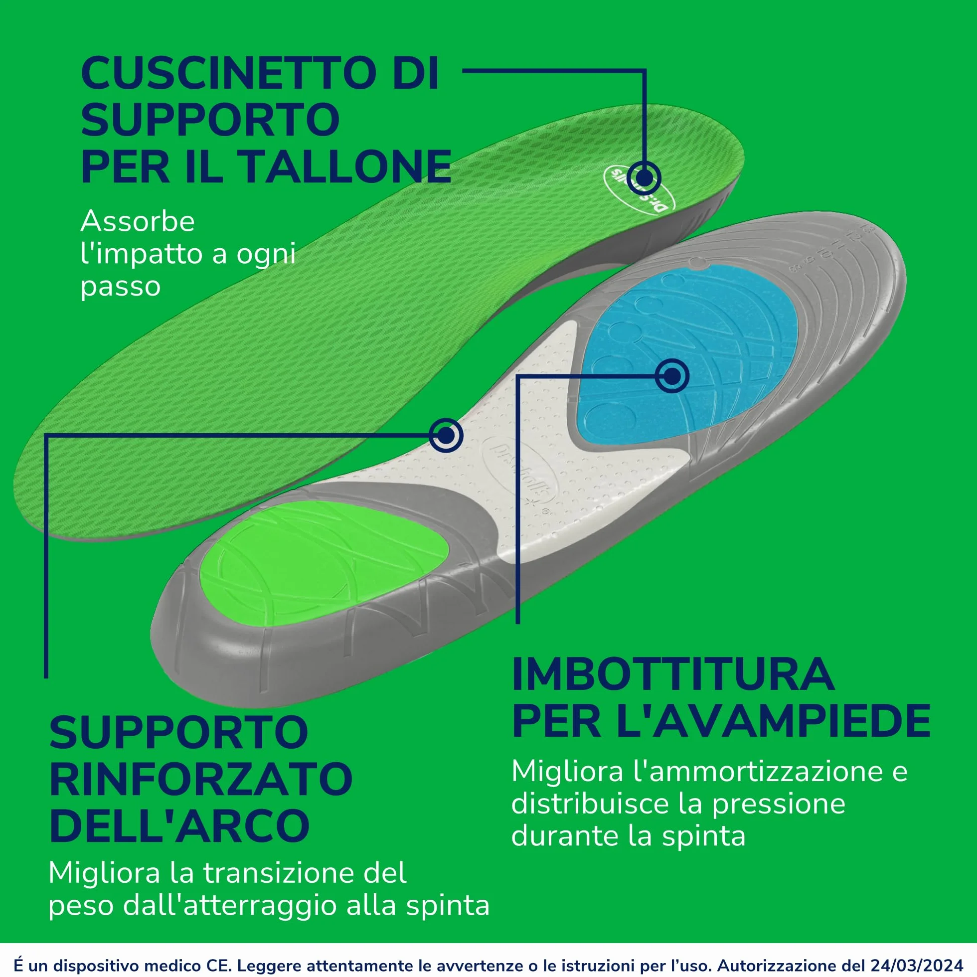 Dr. Scholl's Solette RUN con funzione ammortizzante per la corsa, Aiutano a ridurre ed alleviare il dolore alle ginocchia e quello causato da periostite tibiale, fascite plantare, misura 40-47.5