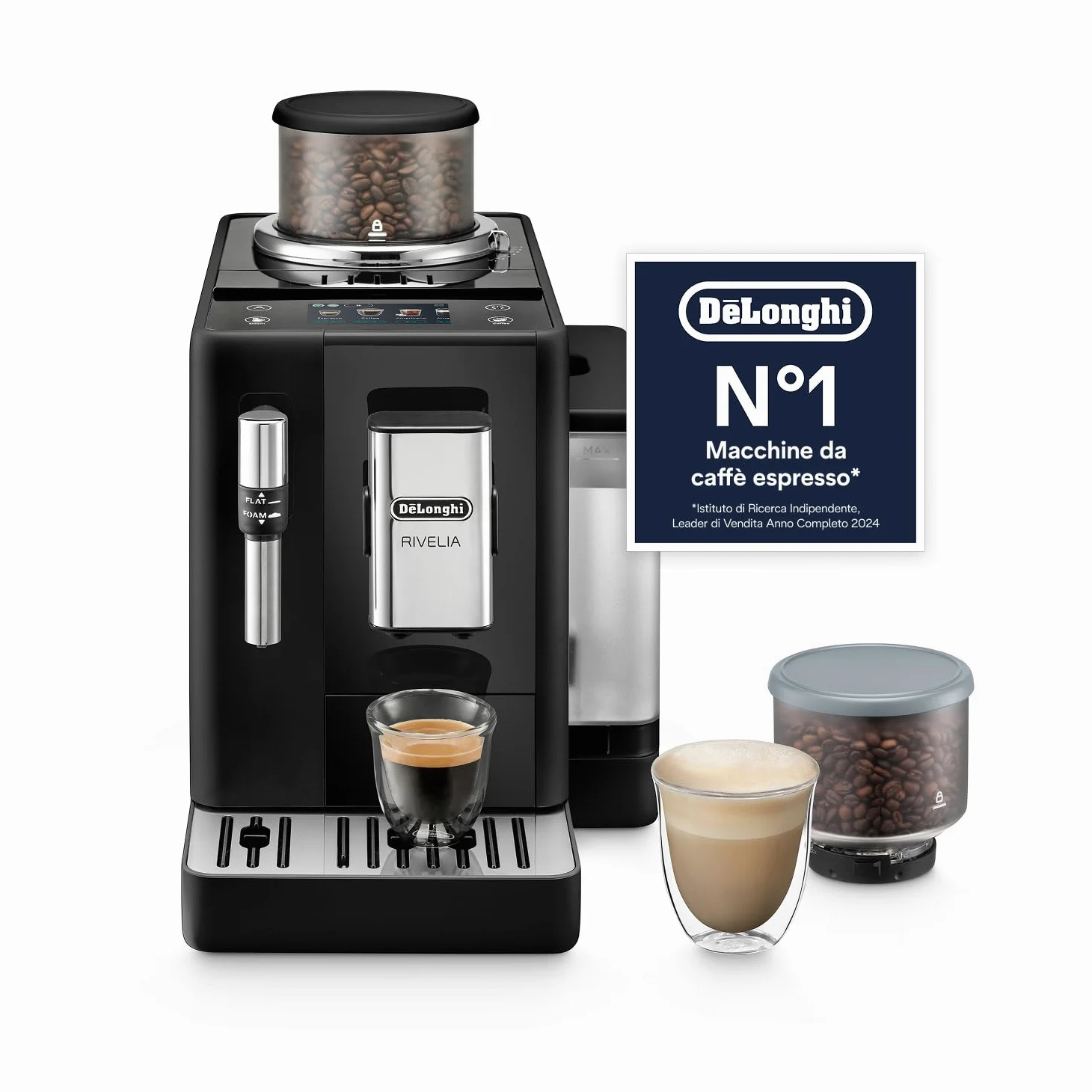 De’Longhi Rivelia – Perfetto Macchina da Caffè Automatica, Montalatte Classico, 8 Bevande in un Solo Tocco, Display Touch a Colori, Contenitori Chicchi di Caffè Intercambiabili, Nero (EXAM440.35.B)