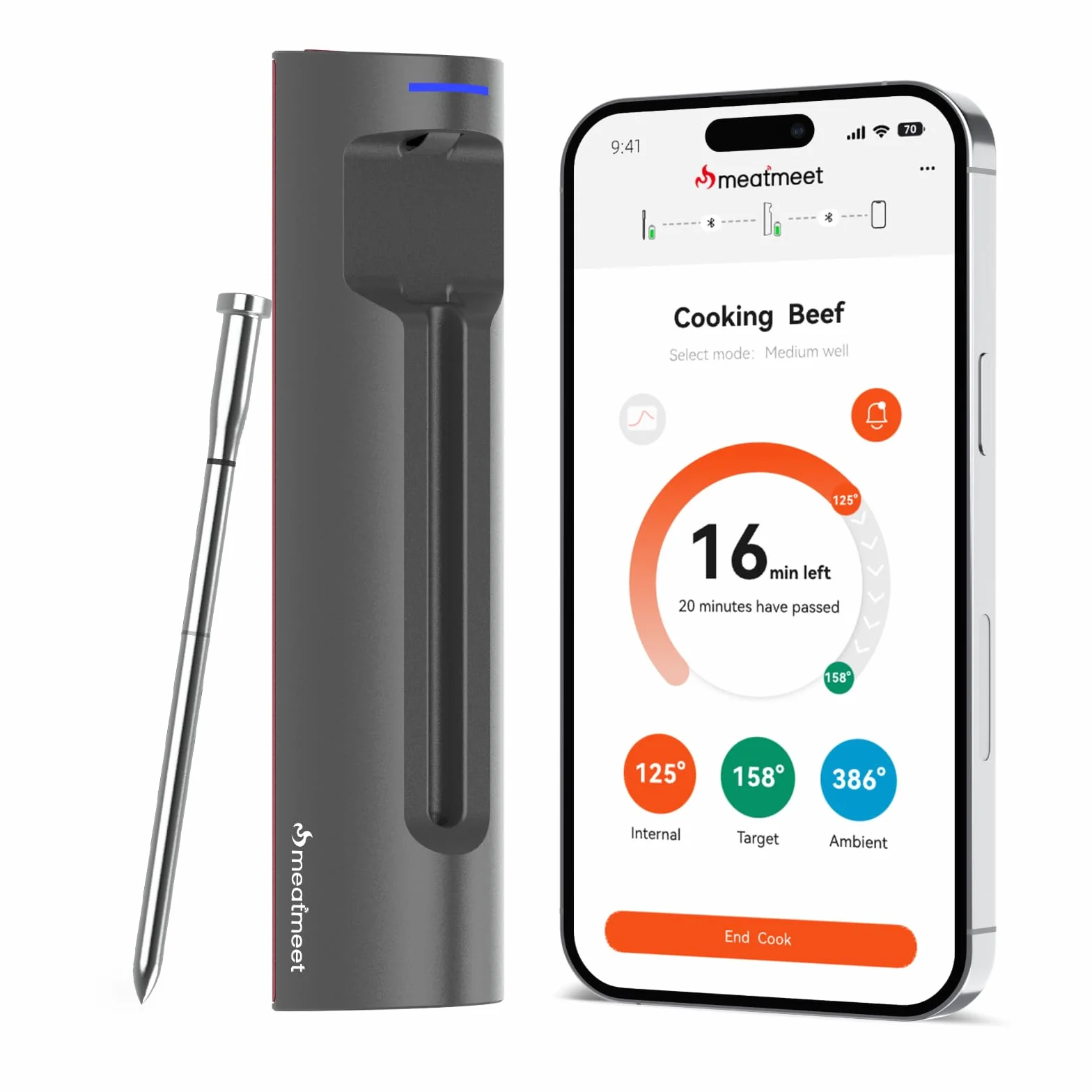 Termometro per carne Bluetooth 6 sensori IP69 impermeabile resistente all'olio precisione ±0,1°C monitoraggio app allarme