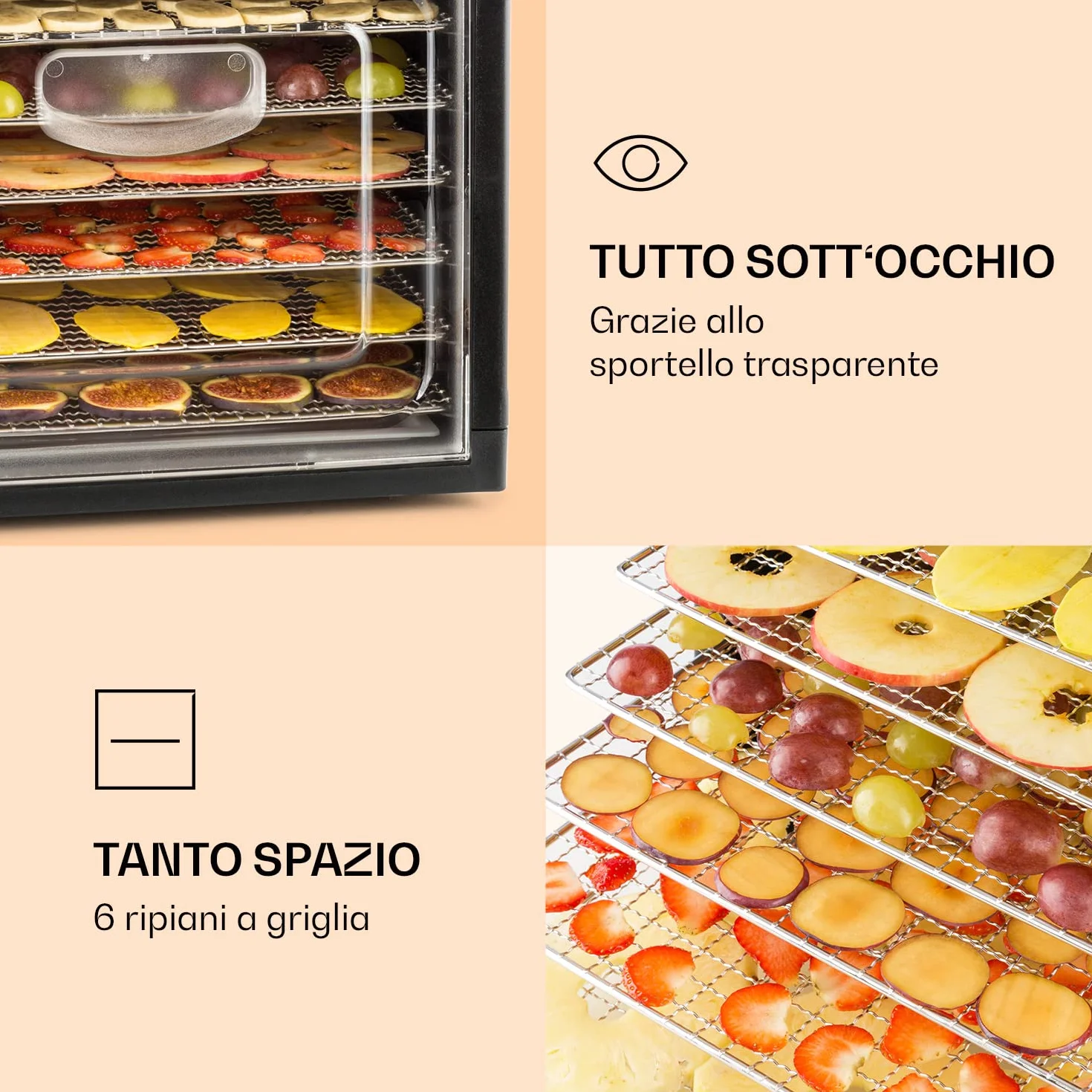 Klarstein Fruit Jerky Plus - Essiccatore Alimentare, Essicatore Alimenti, Frutta, Carne, Verdura, Temperatura Regolabile 35-70 °C, Rivestimento Antiaderente, 420-500 Watt, 6 Ripiani, Nero