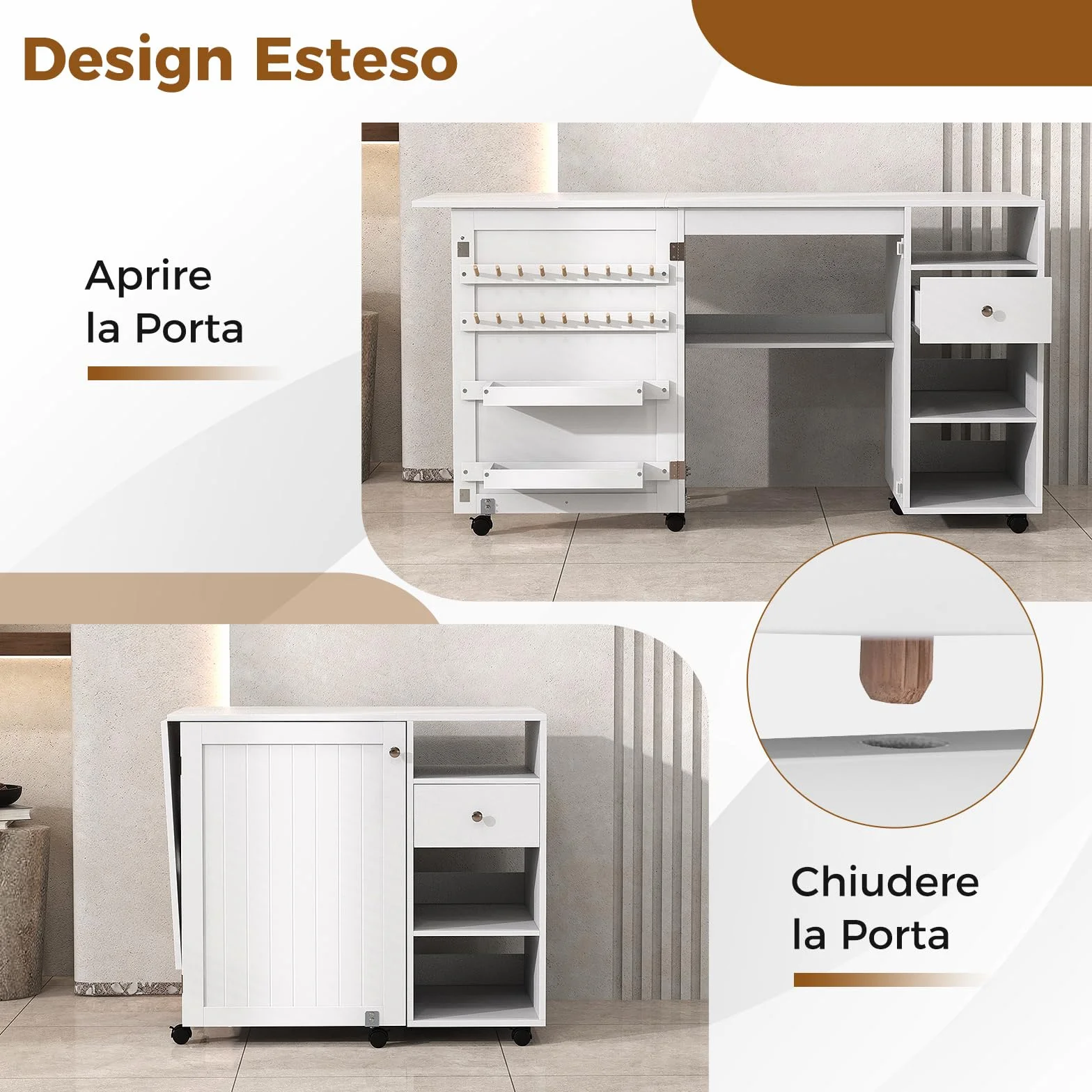 RELAX4LIFE Tavolo da Cucito Pieghevole su Ruote con Ripiani e Cassetto