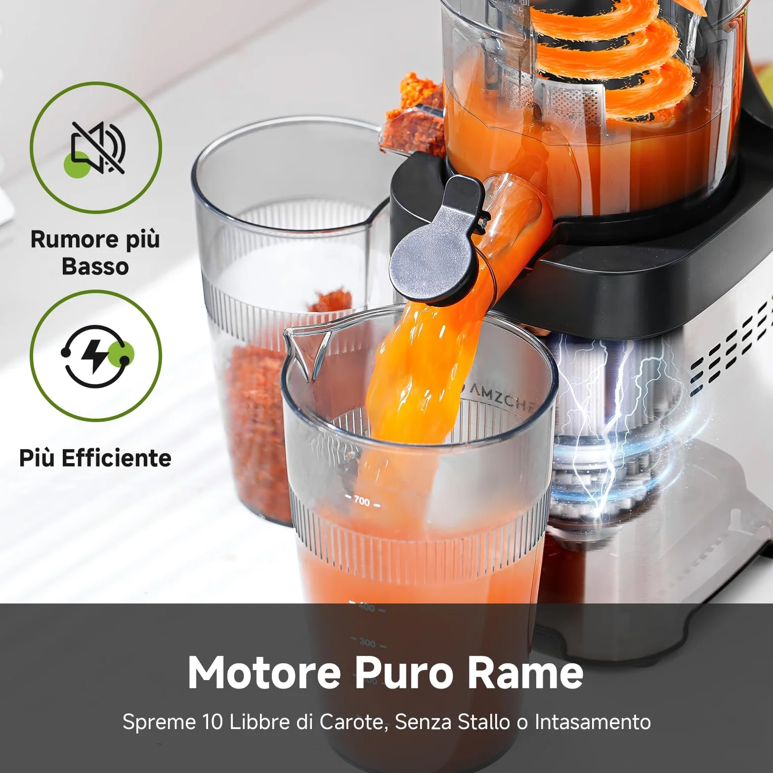 AMZCHEF Estrattore Frutta e Verdura, 120mm Bocca Larga con Taglio Automatico, Slow Juicer a Freddo 60RPM, Estrattore di Succo in Acciaio Inox, Facile da Pulire[Classe di efficienza energetica A+++]