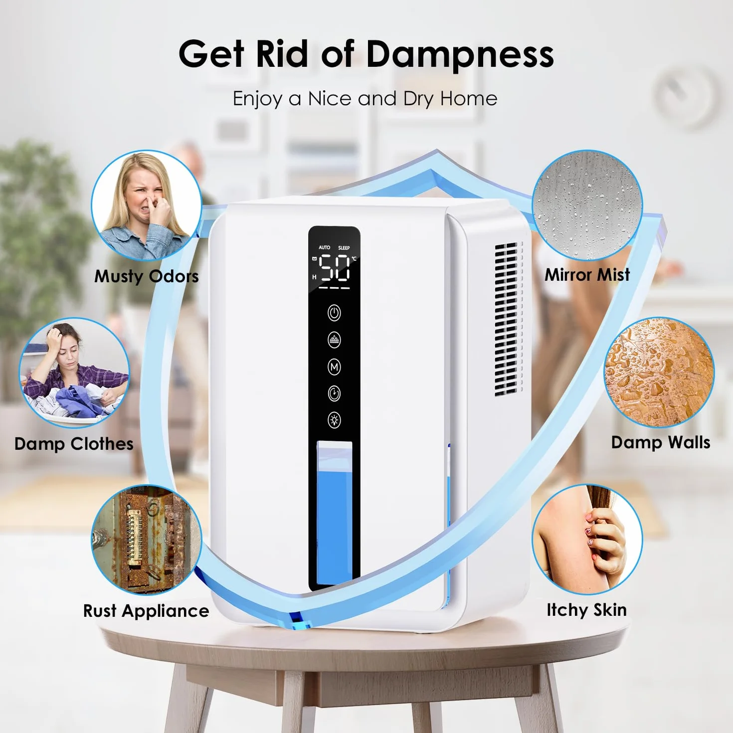 Deumidificatore Casa con 2500ml, Deumidificatore Casa Muffa con Modalità Sospensione e Timer 6-48 Ore, Controllo Umidità Automatico (≥50% RH),7 Luci RGB, Protezione da Overflow, Defrost Automatico