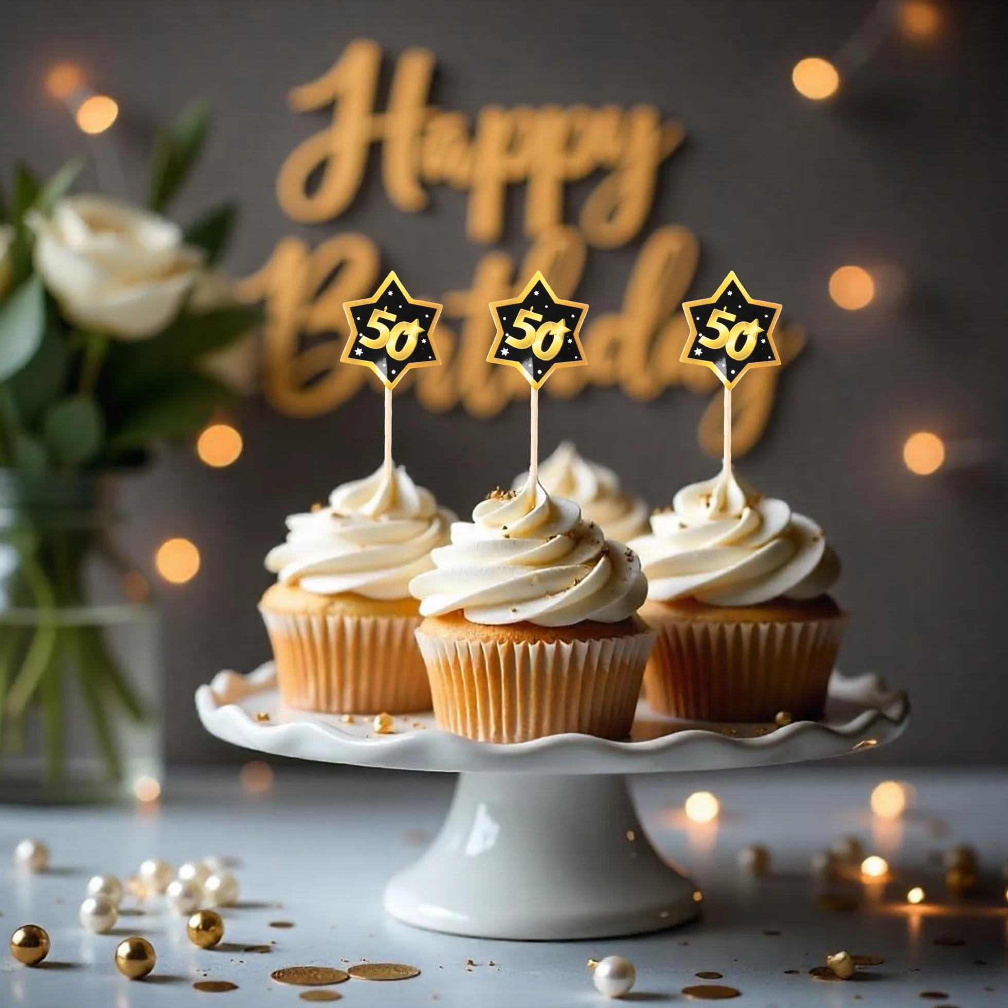 Decorazioni per 50° Compleanno – 12 stuzzicadenti Party Neri e Oro con Numero 50 – Eleganti Addobbi e Idee Regalo