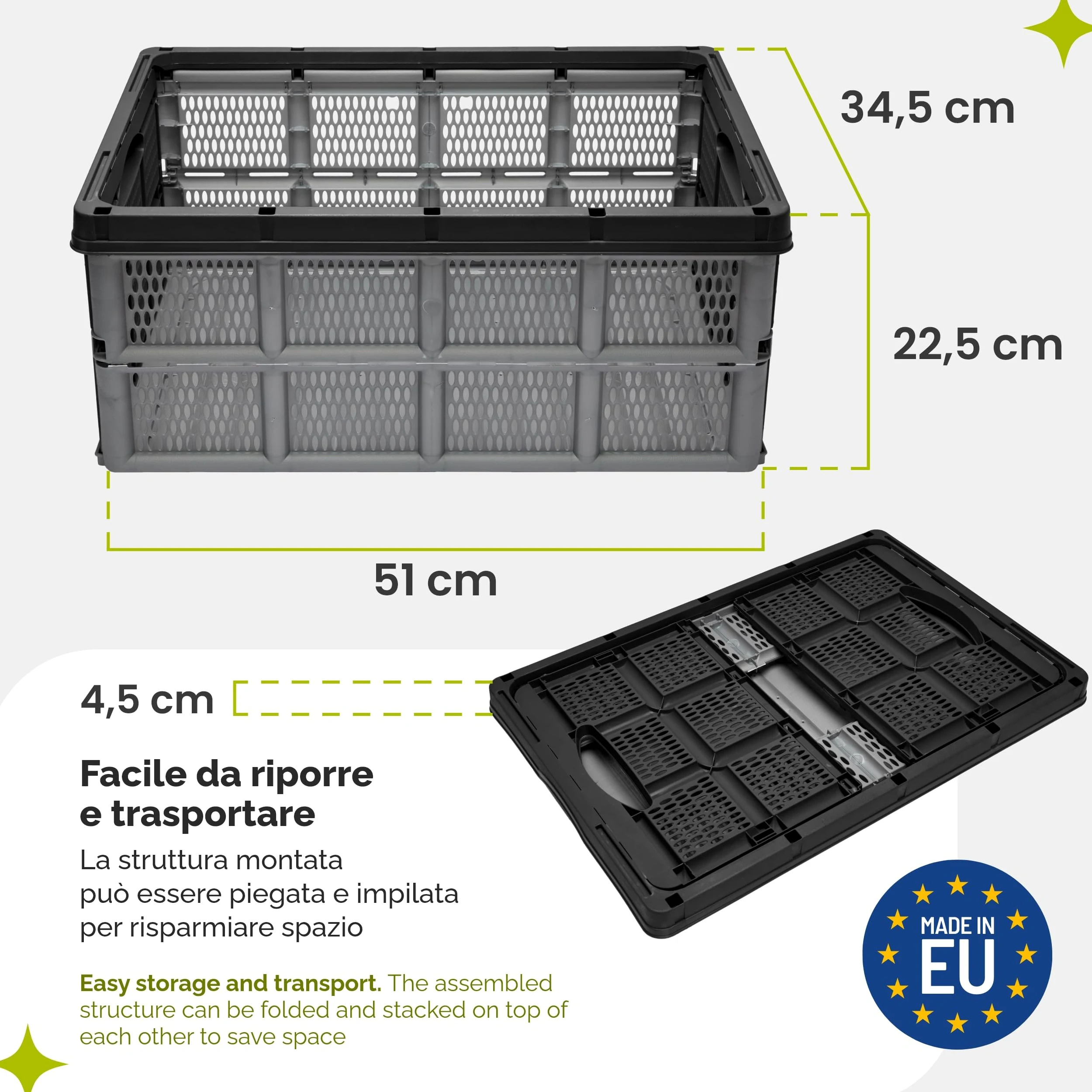 Garronda cassetta pieghevole 32L in plastica HDPE 51x34,5x22,5 cm, box richiudibile ed impilabile per trasporto e stoccaggio in auto, casa e giardino GD-0188 (Grigio/Nero)