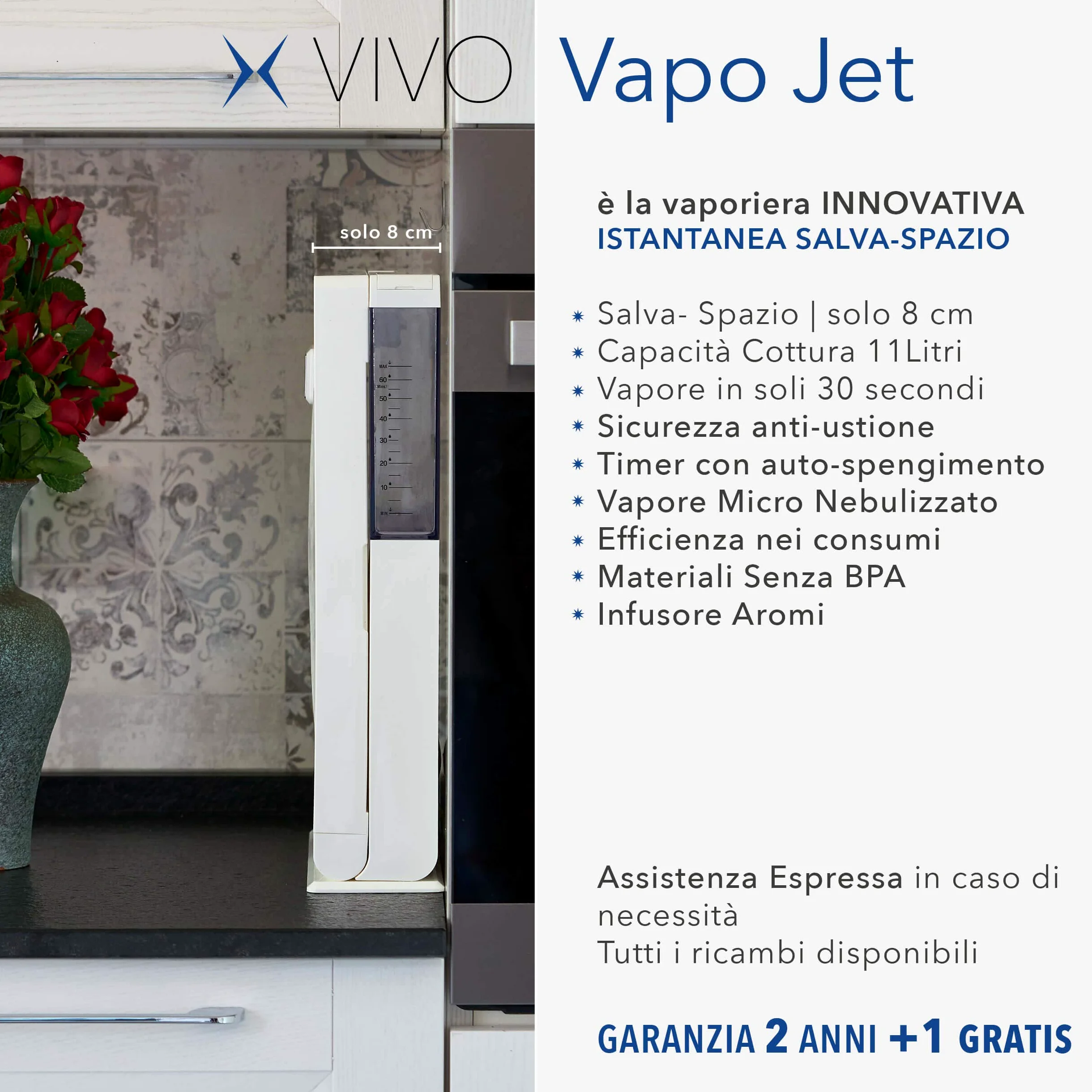 VIVO Vapo Jet | Vaporiera Istantanea, Salva Spazio, Vaporiera Elettrica | Cottura al vapore, utile anche per sterilizzare