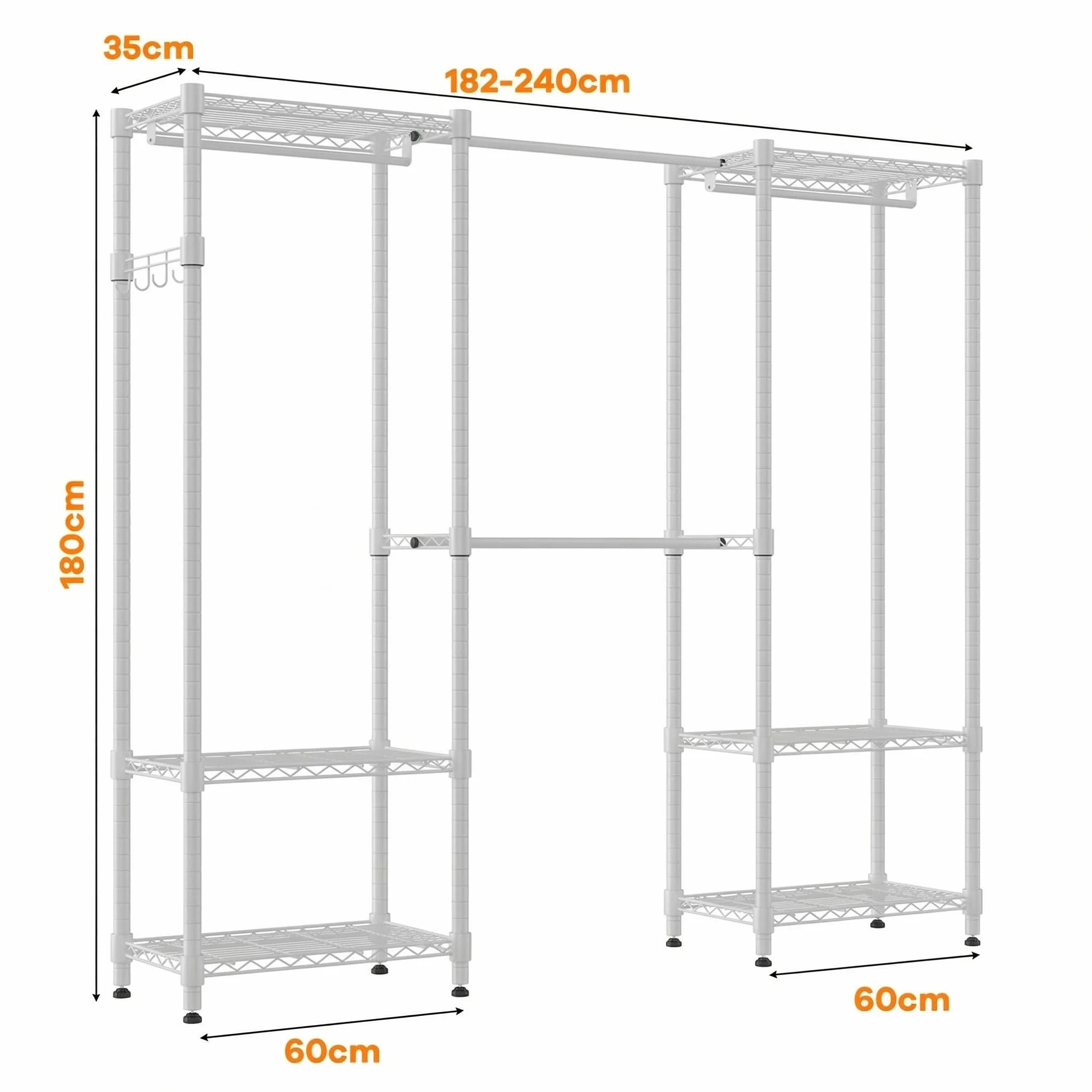 Himimi Appendiabiti telescopico 4 aste 6 ripiani metallo 1 gancio regolabile 175-230 x 180 cm bianco