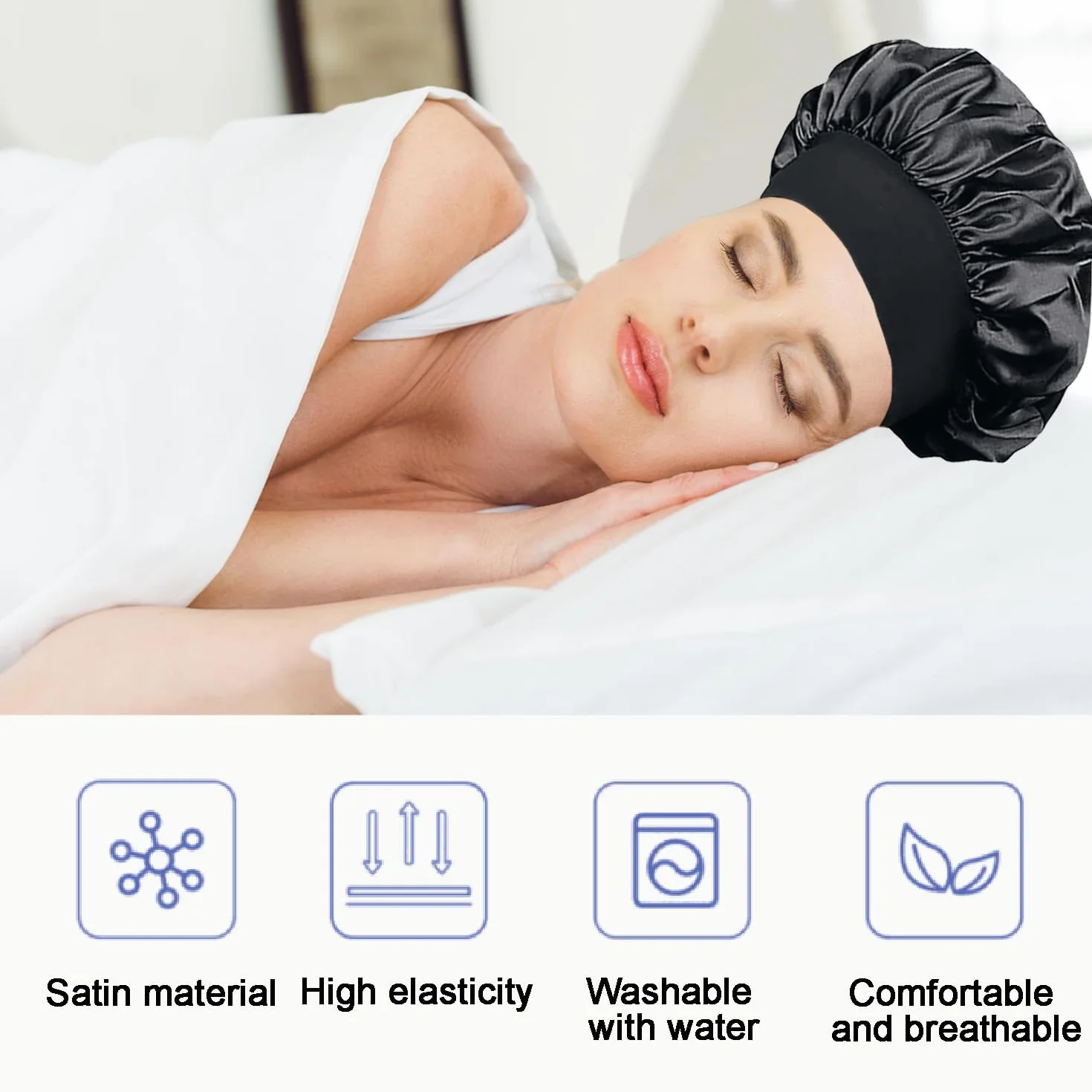 Cuffia Seta Capelli Ricci,Silk Bonnet,Berretto da Notte Raso Elastico per Dormire Cappello da Notte per Donna Berretto da Notte Raso per Donna Ragazza(Nero)